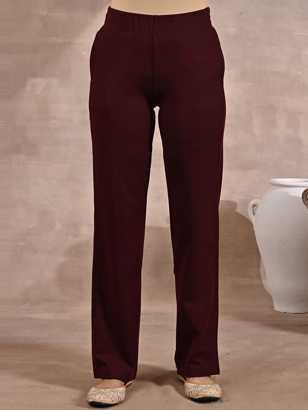 

Lakshita Women Linen Smart Straight Fit Mid-Rise Slip-On Trousers, Maroon