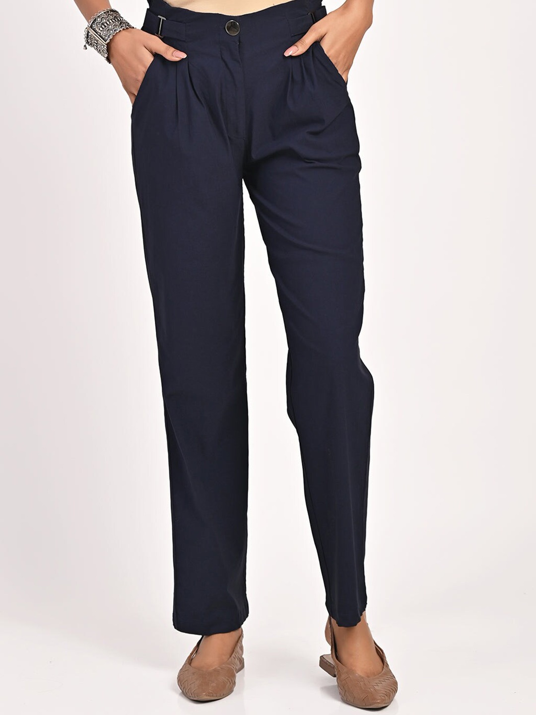 

Lakshita Women Mid-Rise Smart Straight Fit Pleated Trousers, Navy blue