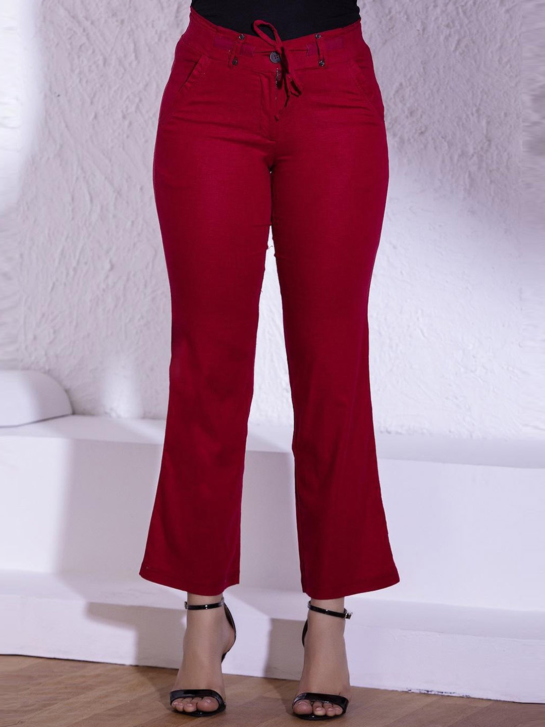 

Lakshita Women Smart Flared Linen Bootcut Trousers, Red