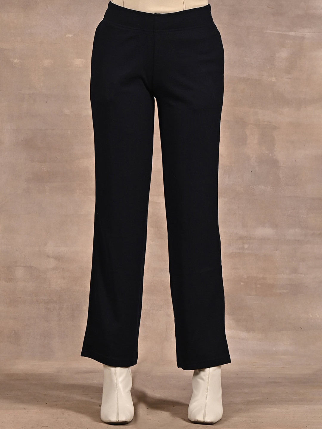 

Lakshita Women Mid-Rise Smart Straight Fit Plain Parallel Trousers, Navy blue