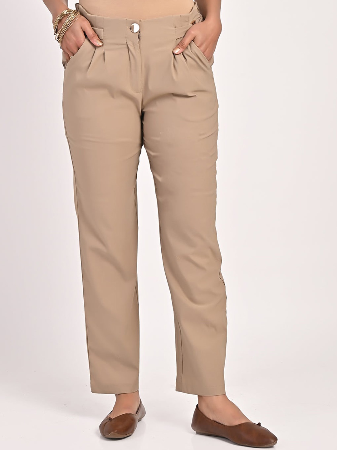 

Lakshita Women Smart Straight Fit Pleated Trousers, Beige
