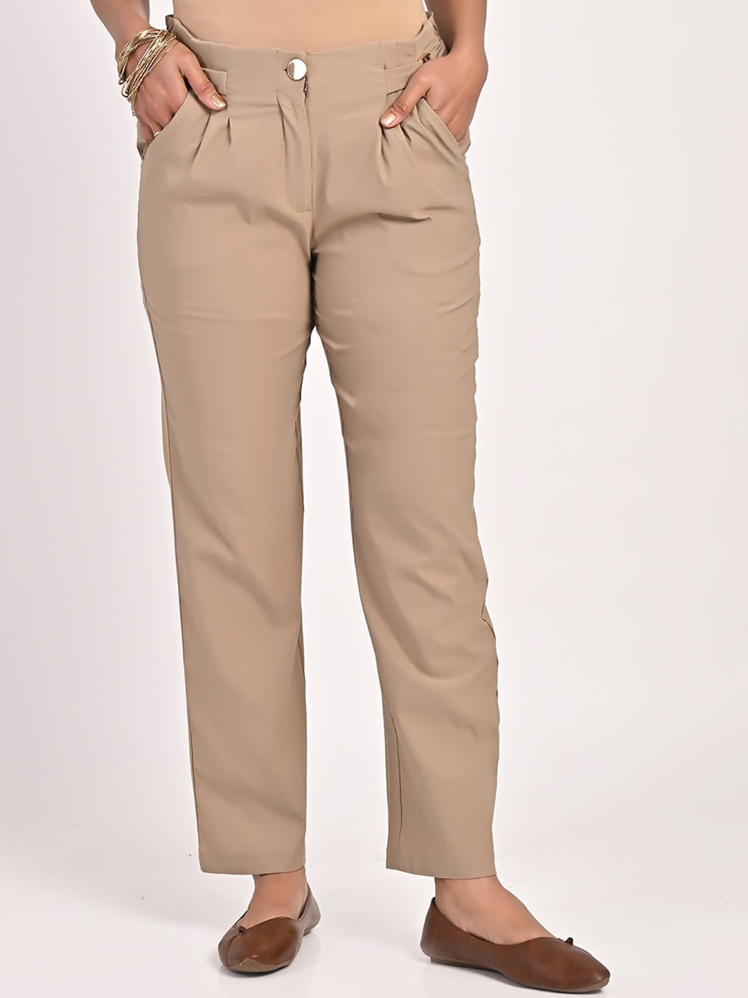 

Lakshita Women Smart Straight Fit Pleated Trousers, Beige