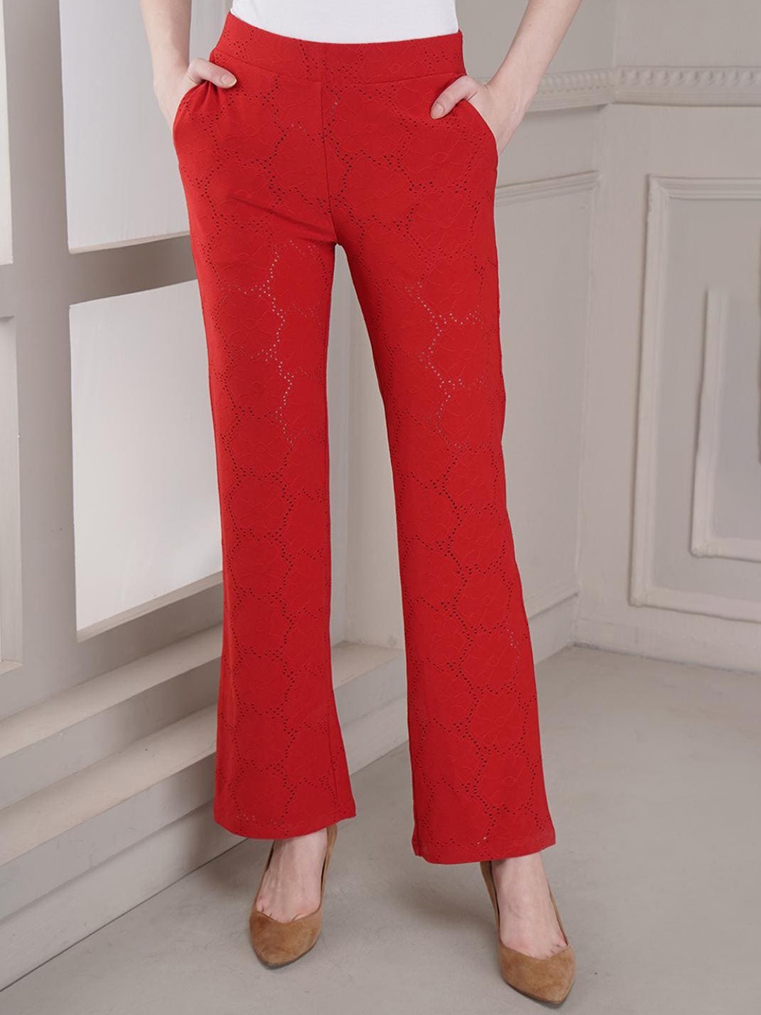 

Lakshita Women Smart Flared Mid-Rise Trousers, Red