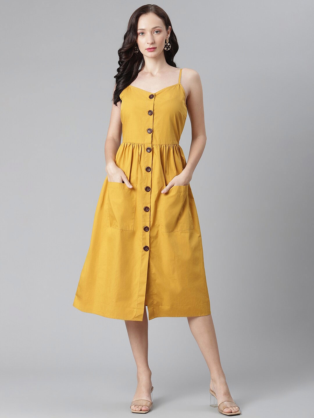 

WESTCLO Shoulder Straps Pocket Details Pure Cotton Fit & Flare Midi Dress, Mustard