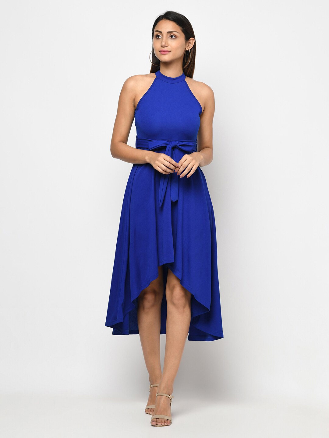 

WESTCLO Round Neck Fit & Flare High Low Midi Dress With Belt, Blue