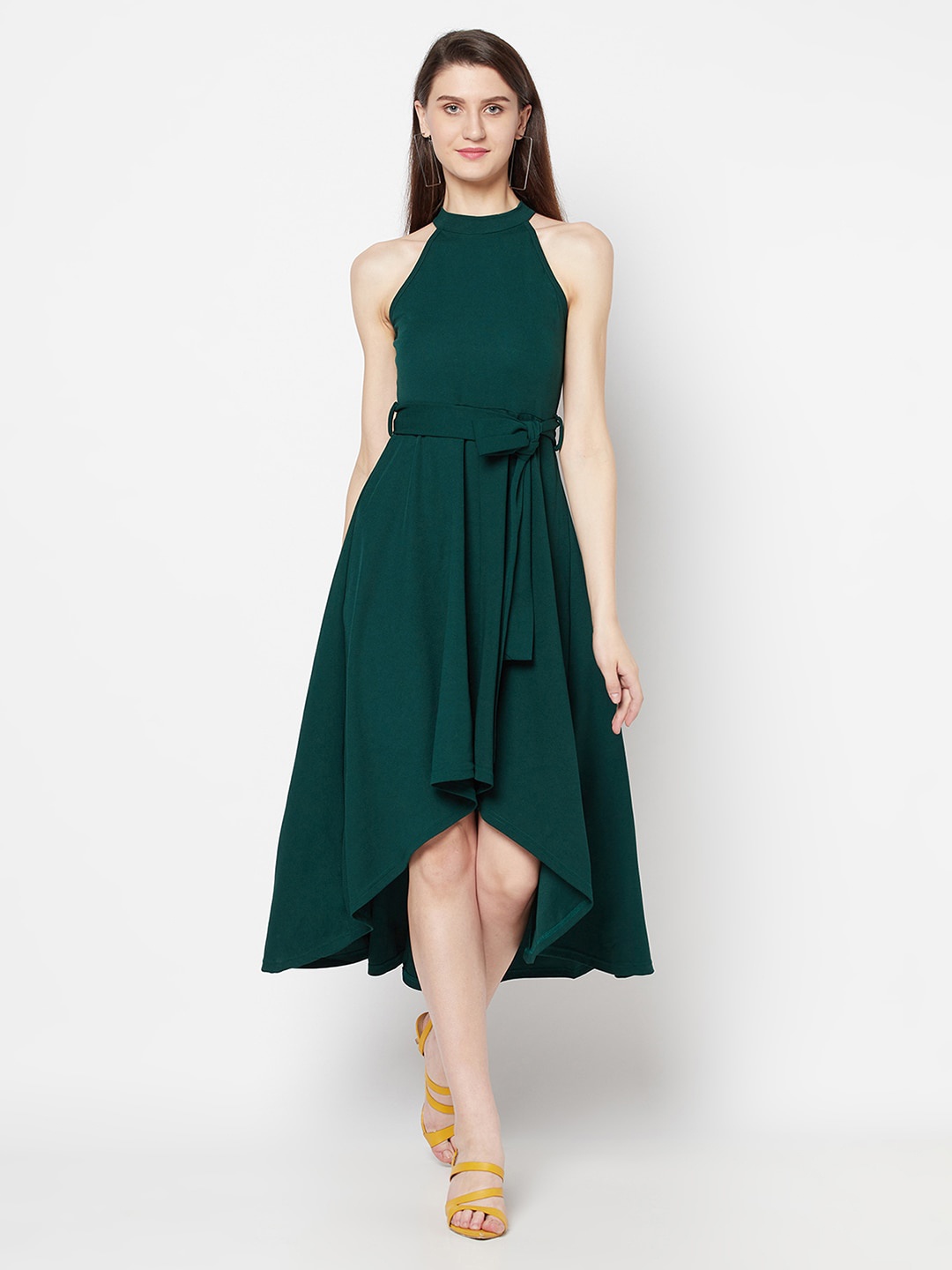 

WESTCLO Round Neck Fit & Flare High Low Midi Dress With Belt, Olive