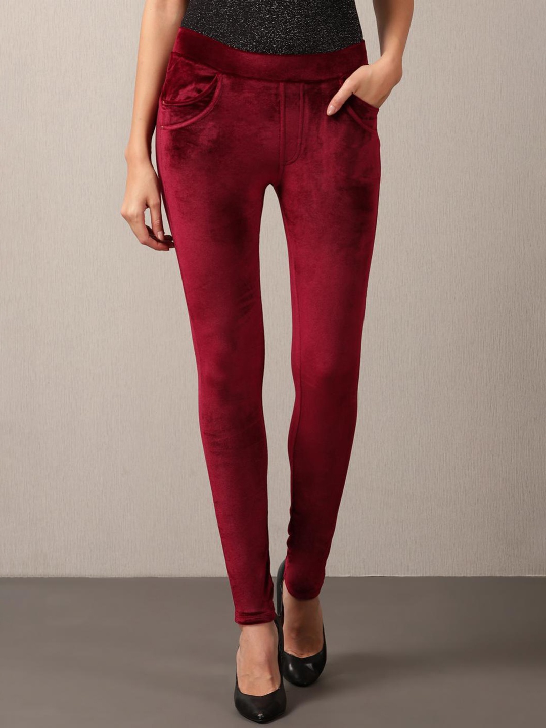 

Lakshita Women Skinny Fit Velvet Jeggings, Maroon