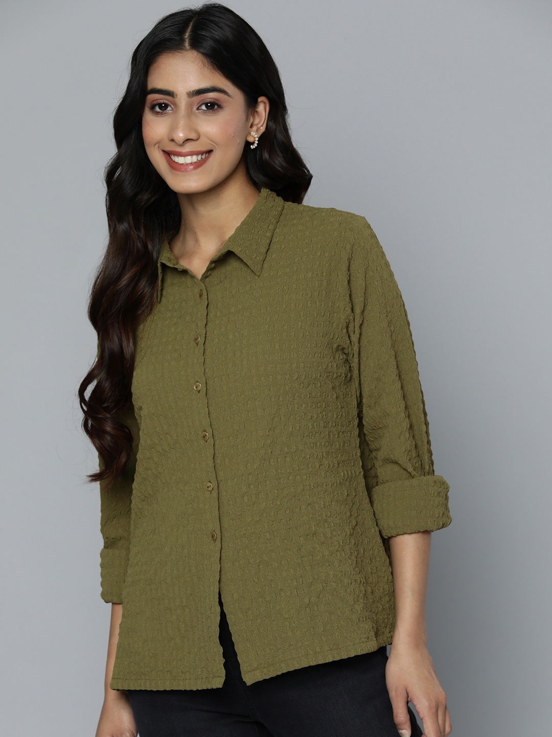 

HERE&NOW Women Opaque Casual Shirt, Olive