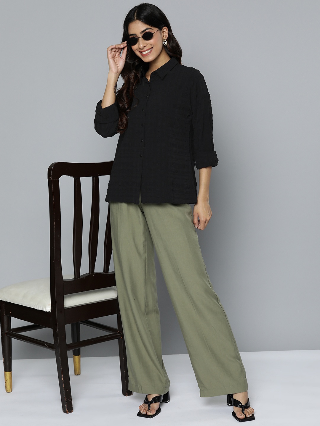 

HERE&NOW Women Opaque Casual Shirt, Black