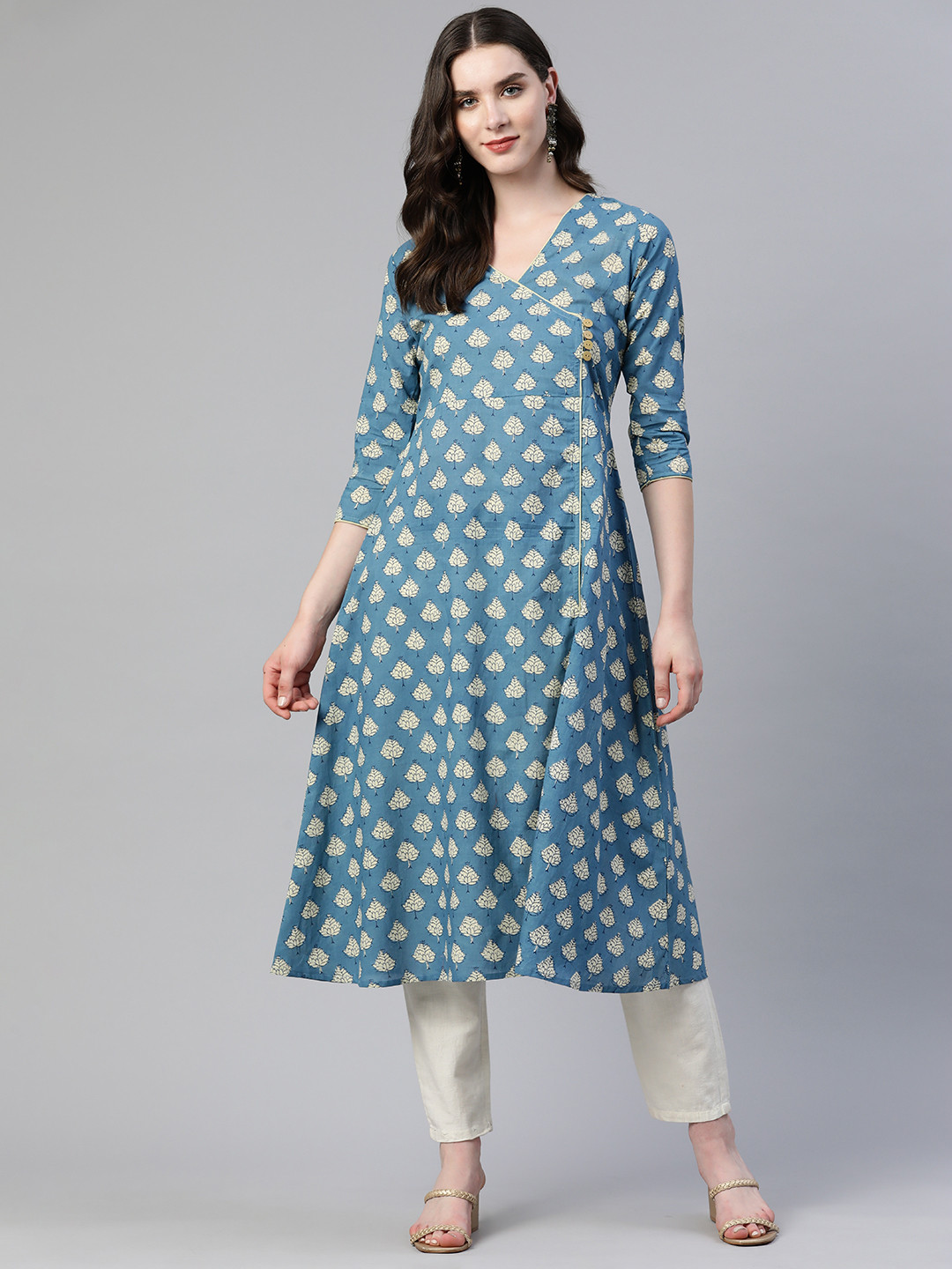

mokshi Floral Printed Cotton Kurta, Blue