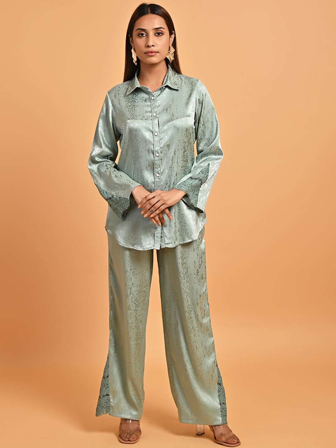 

Lakshita Collar Neck Shirt With Flared Palazzos Co-Ords, Green