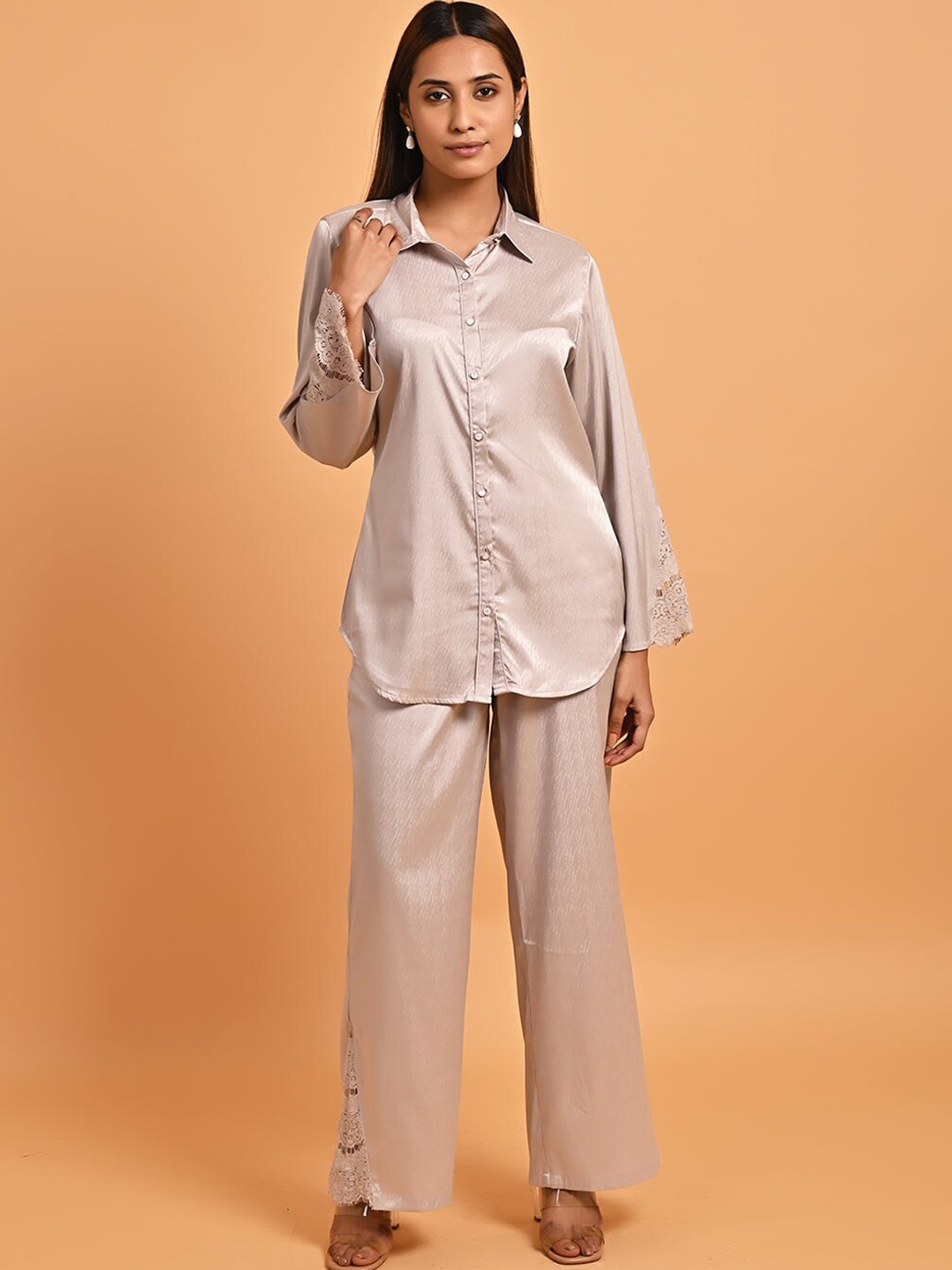 

Lakshita Net Inserts Sleeves Satin Shirt With Trouser Co-ords, Pink