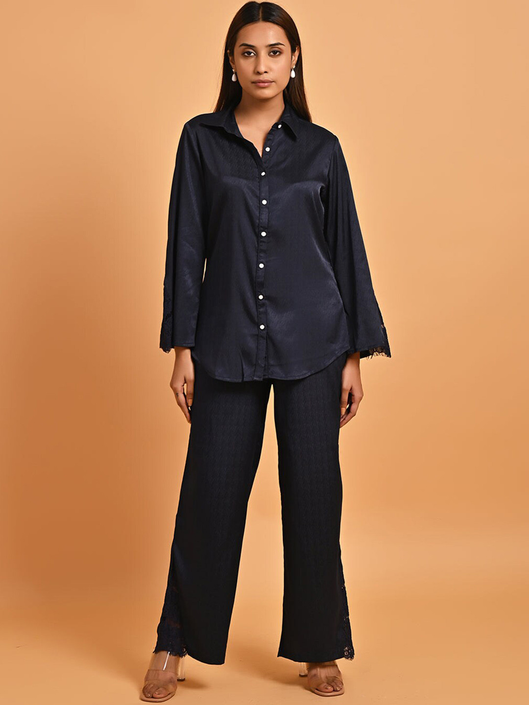 

Lakshita Self Design Spread Collar Shirt & Trousers, Blue