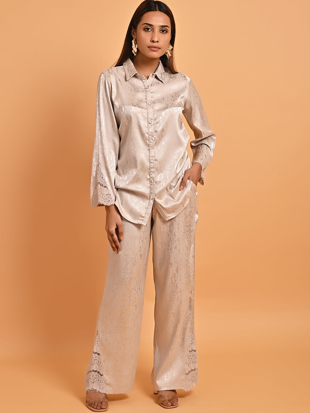 

Lakshita Self Design Laced Satin Shirt And Trouser Co-Ords, Beige