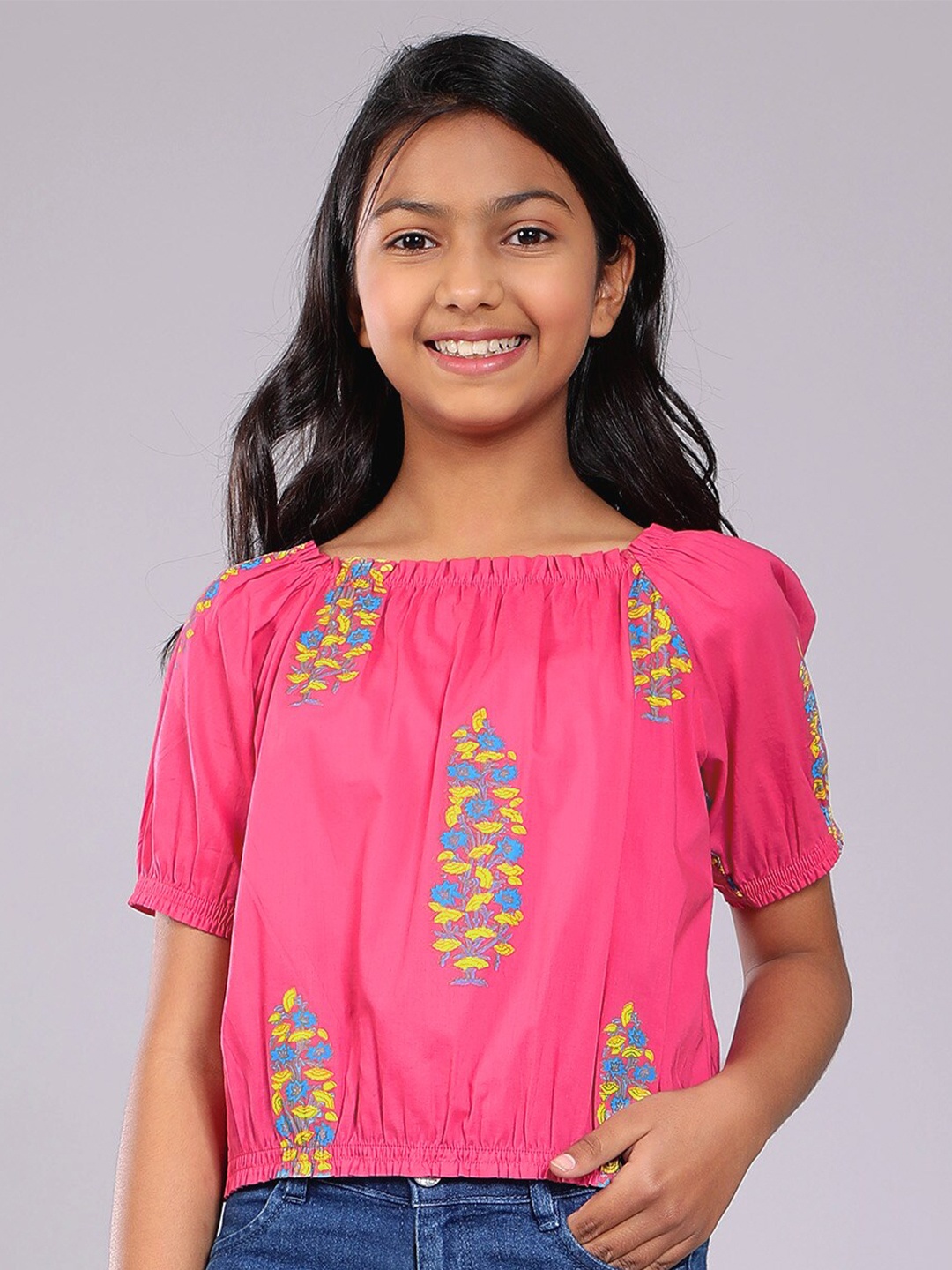 

CACA CINA Girls Square Neck Floral Printed Cotton Top, Pink