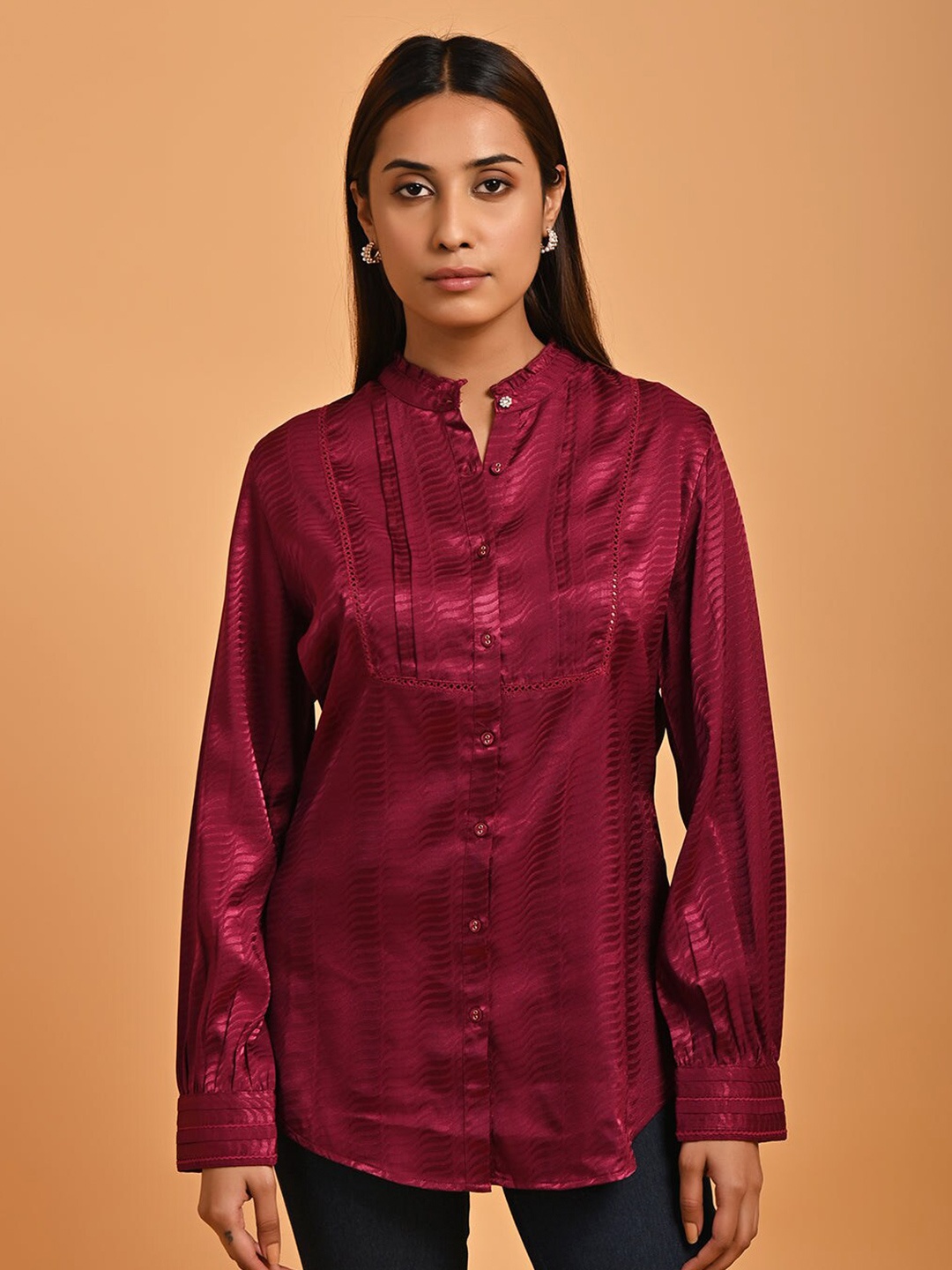 

Lakshita Classic Mandarin Collar Puffed Sleeves Stain Casual Shirt, Fuchsia
