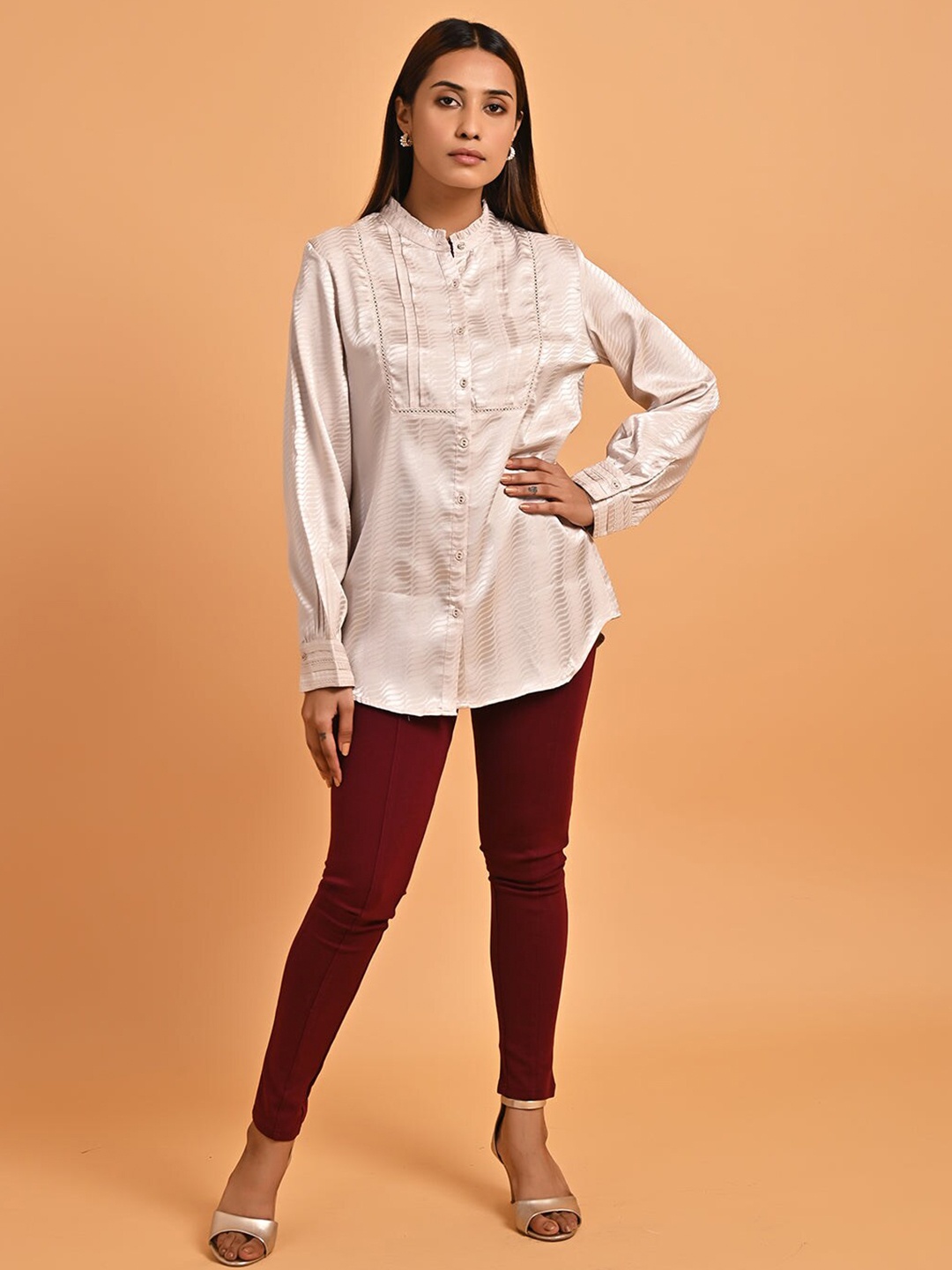 

Lakshita Classic Mandarin Collar Semiformal Shirt, Beige