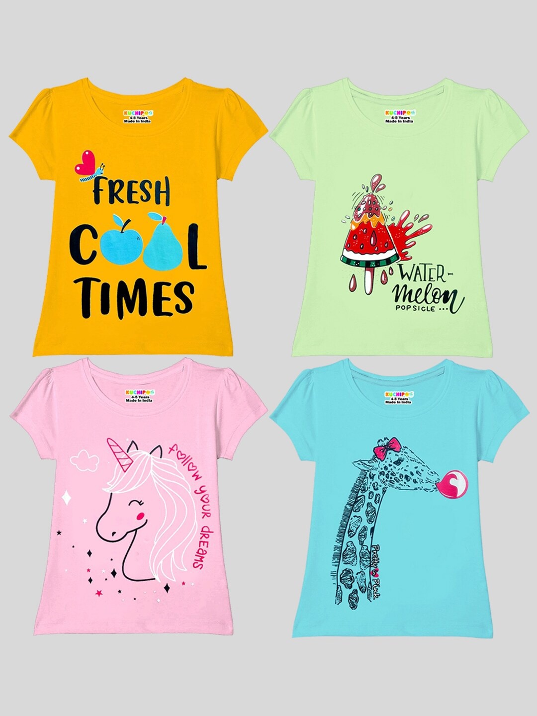 

KUCHIPOO Girls Pack Of 4 Graphic Printed T-shirt, Mustard