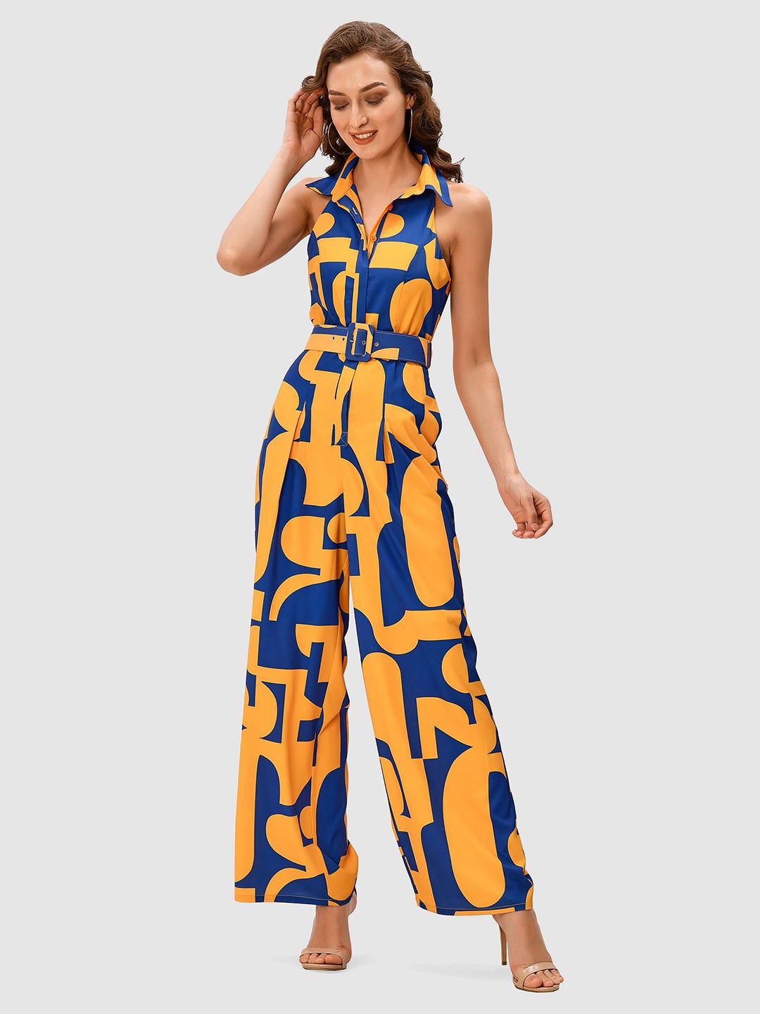 

Zapelle Geometric Printed Basic Jumpsuit With Belt, Yellow