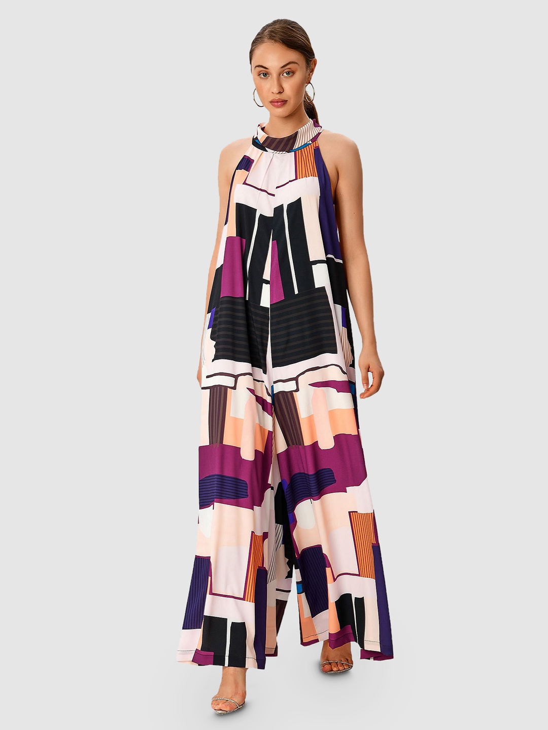 

Zapelle Round Neck Printed Sleeveless Basic Jumpsuit, White