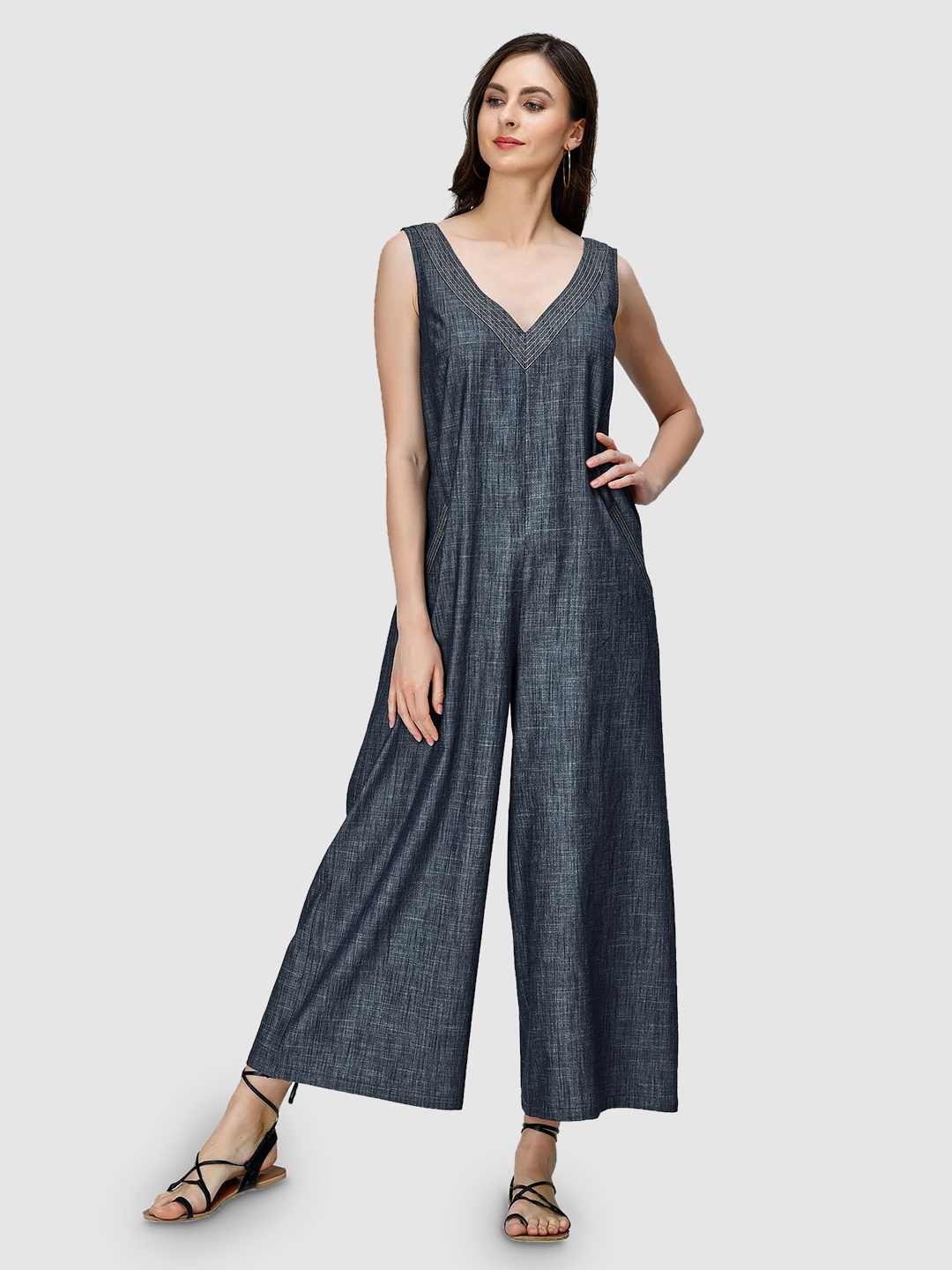 

Zapelle Linen V-Neck Sleeveless Basic Jumpsuit, Blue