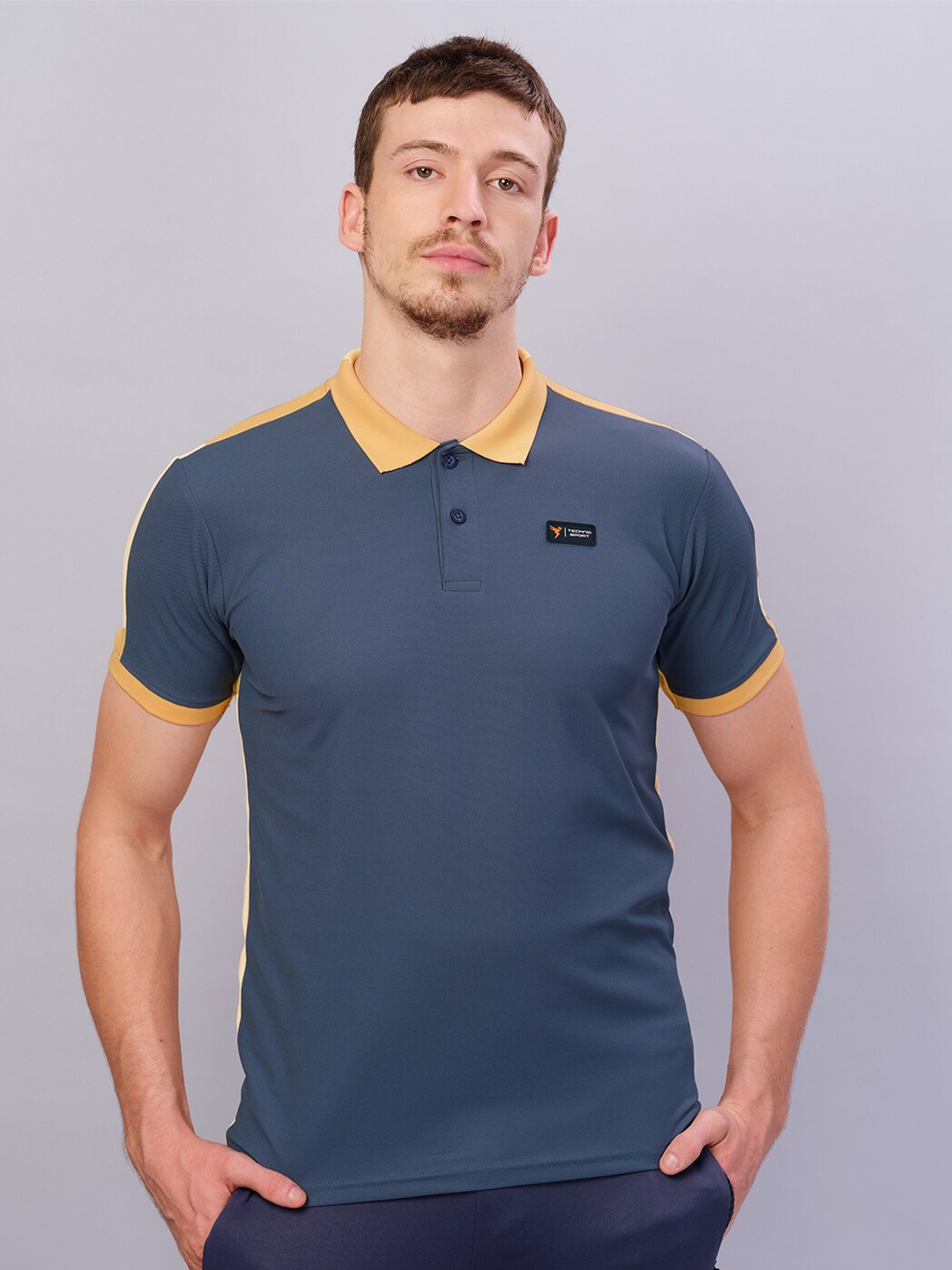 

Technosport Polo Collar Colourblocked Antimicrobial Slim Fit Training or Gym T-shirt, Yellow