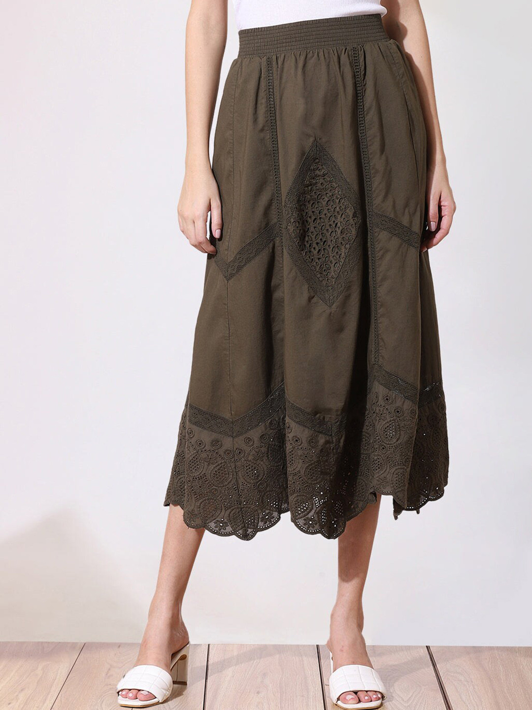 

Lakshita Self Design A-Line Midi Pure Cotton Skirt, Olive