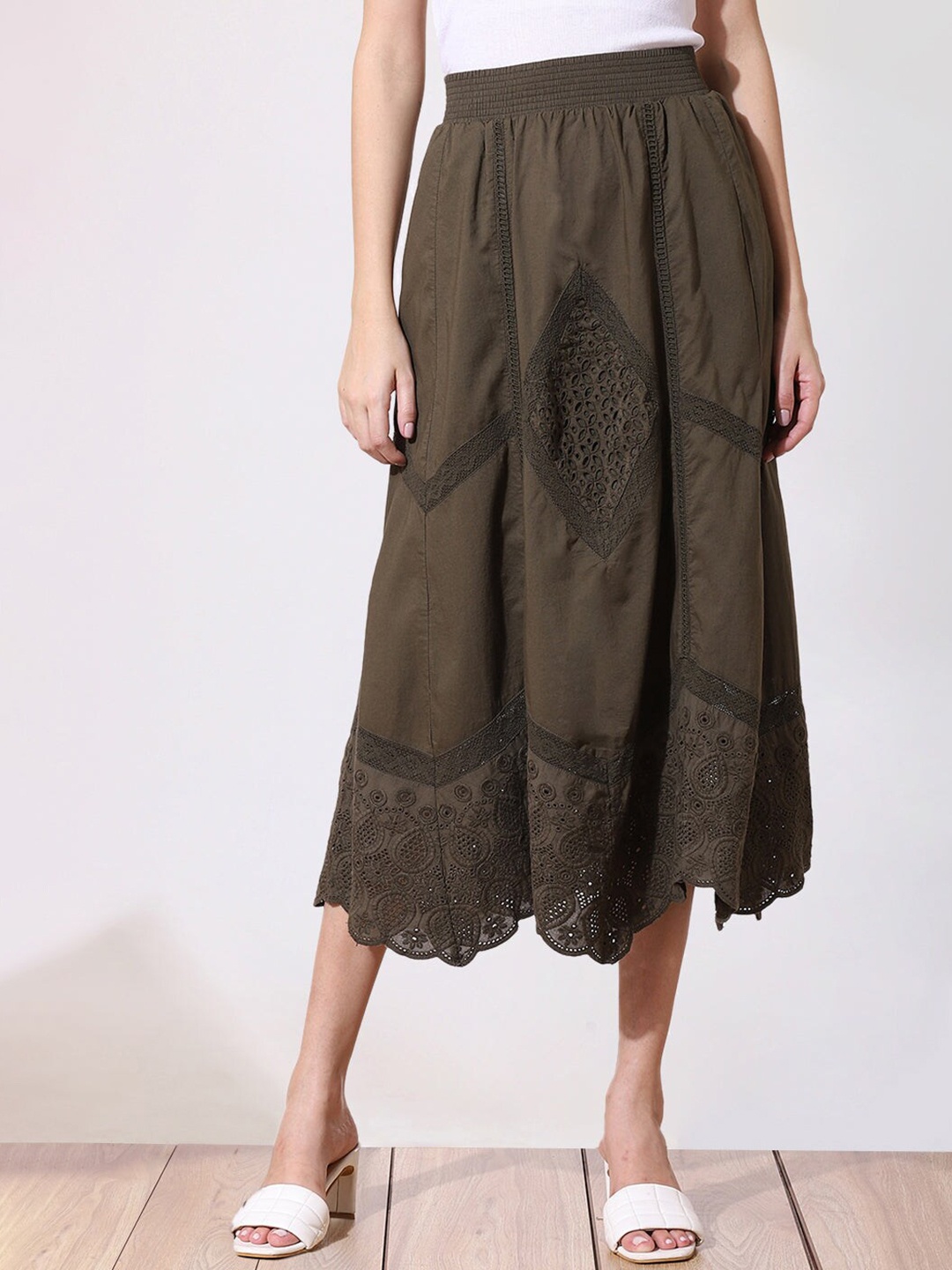 

Lakshita Embroidered Pure Cotton Midi Skirt, Olive