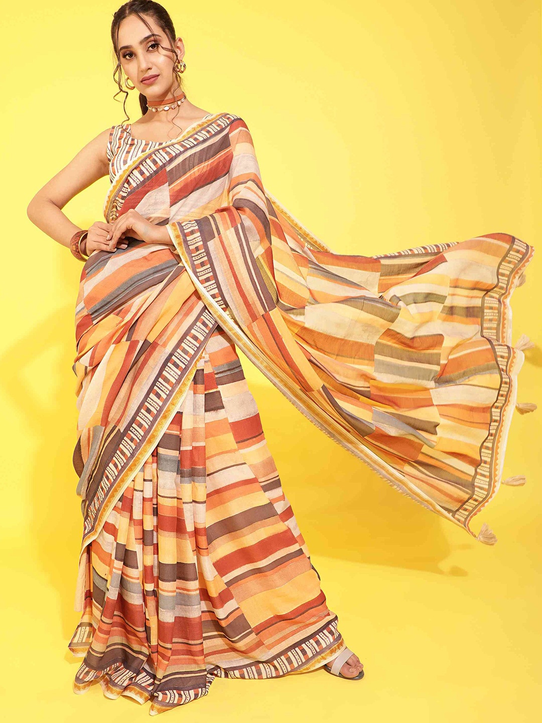 

elora Striped Liva Bhagalpuri Saree, Cream