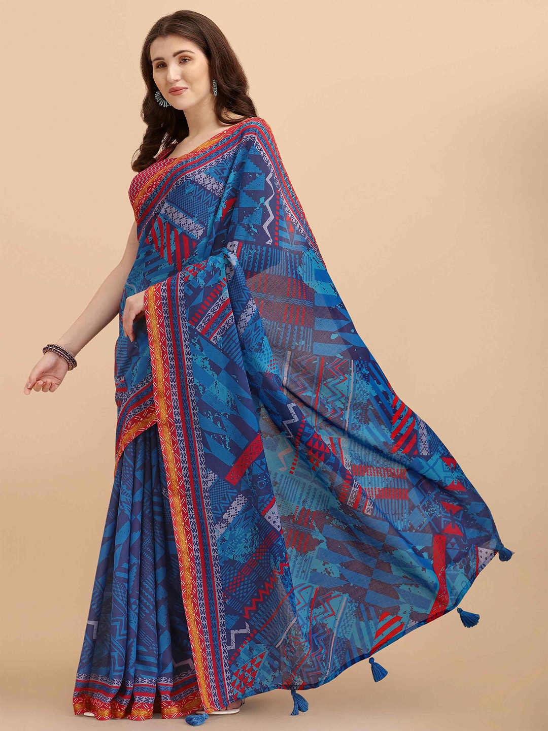 

elora Geometric Printed Liva Bhagalpuri Saree, Navy blue