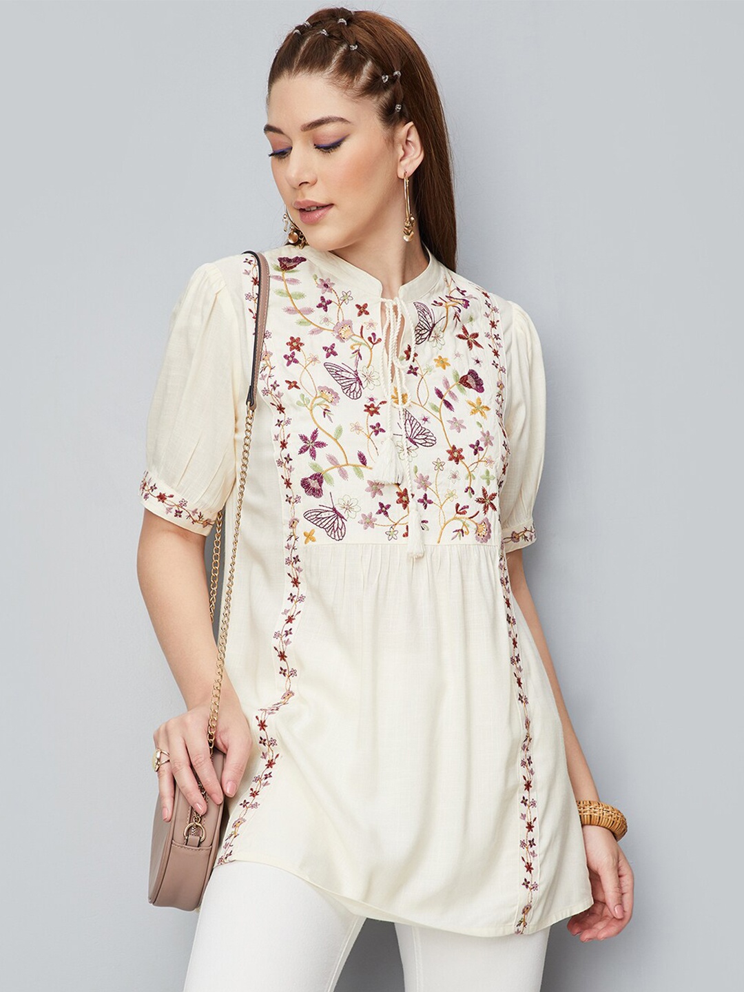 

max Mandarin Collar Embroidered Pure Cotton Tunic, Nude