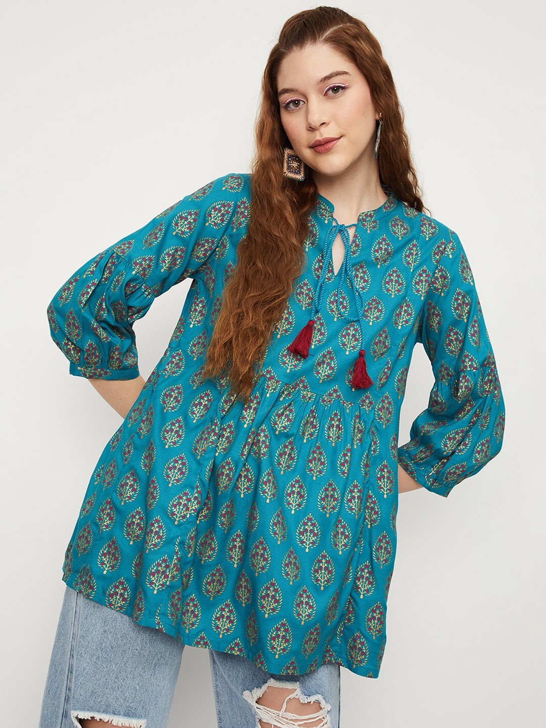 

max Ethnic Motifs Printed Peplum Top, Blue