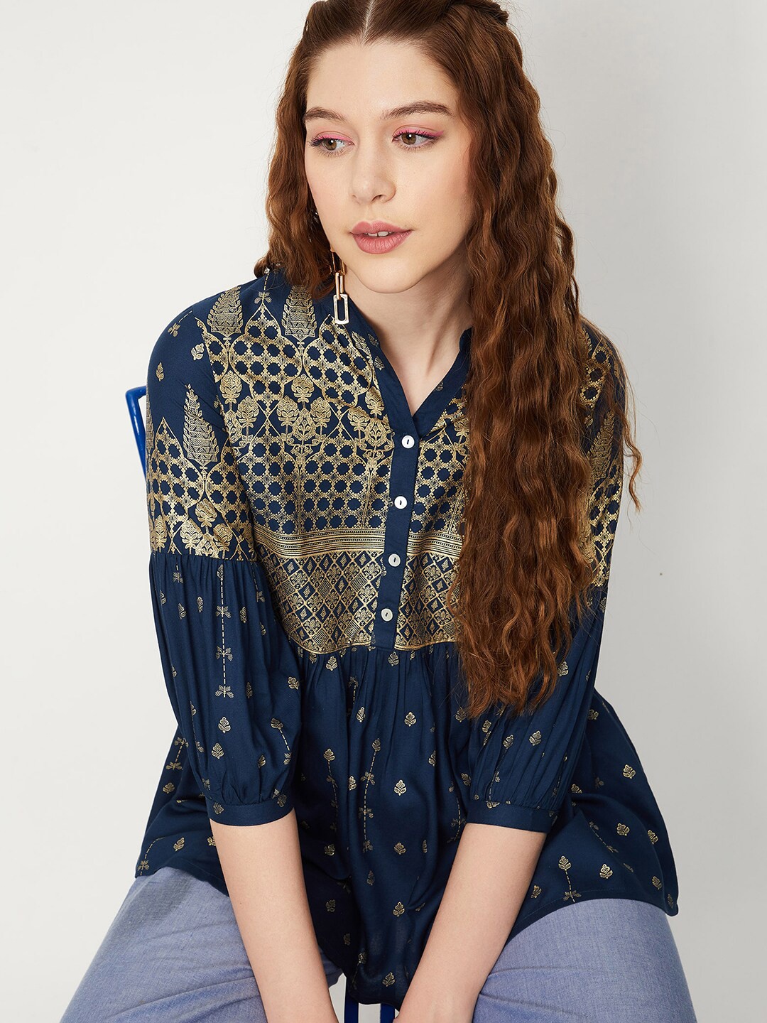 

max Printed Mandarin Collar Tunic, Navy blue