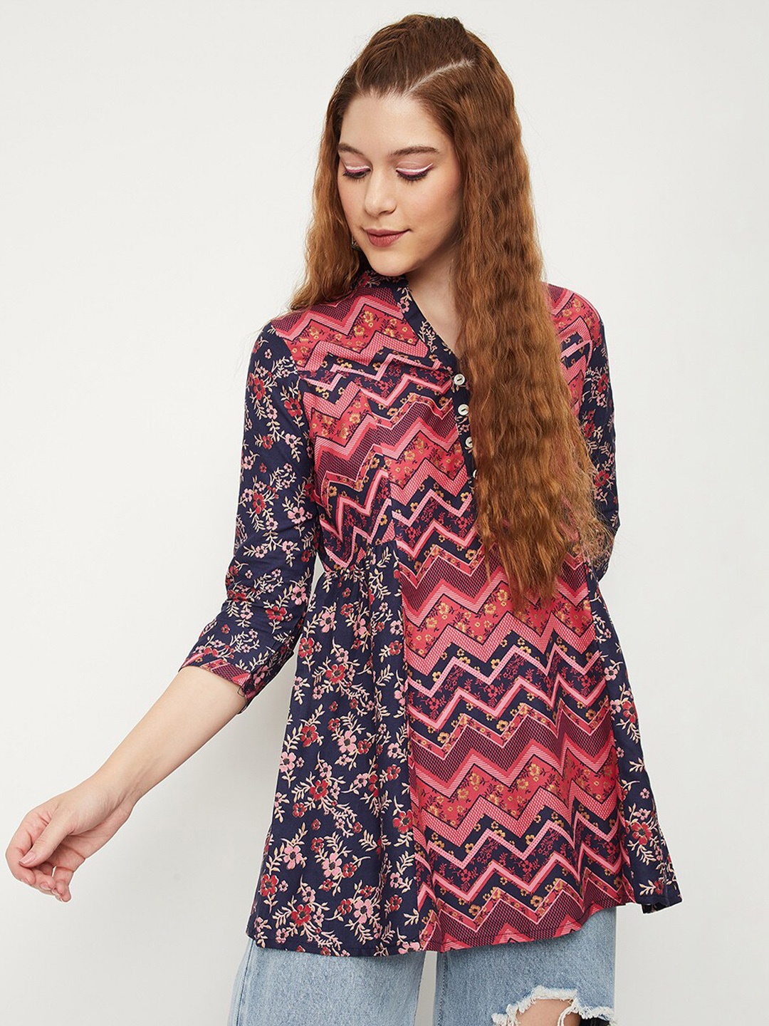 

max Floral Printed Mandarin Collar Tunic, Navy blue