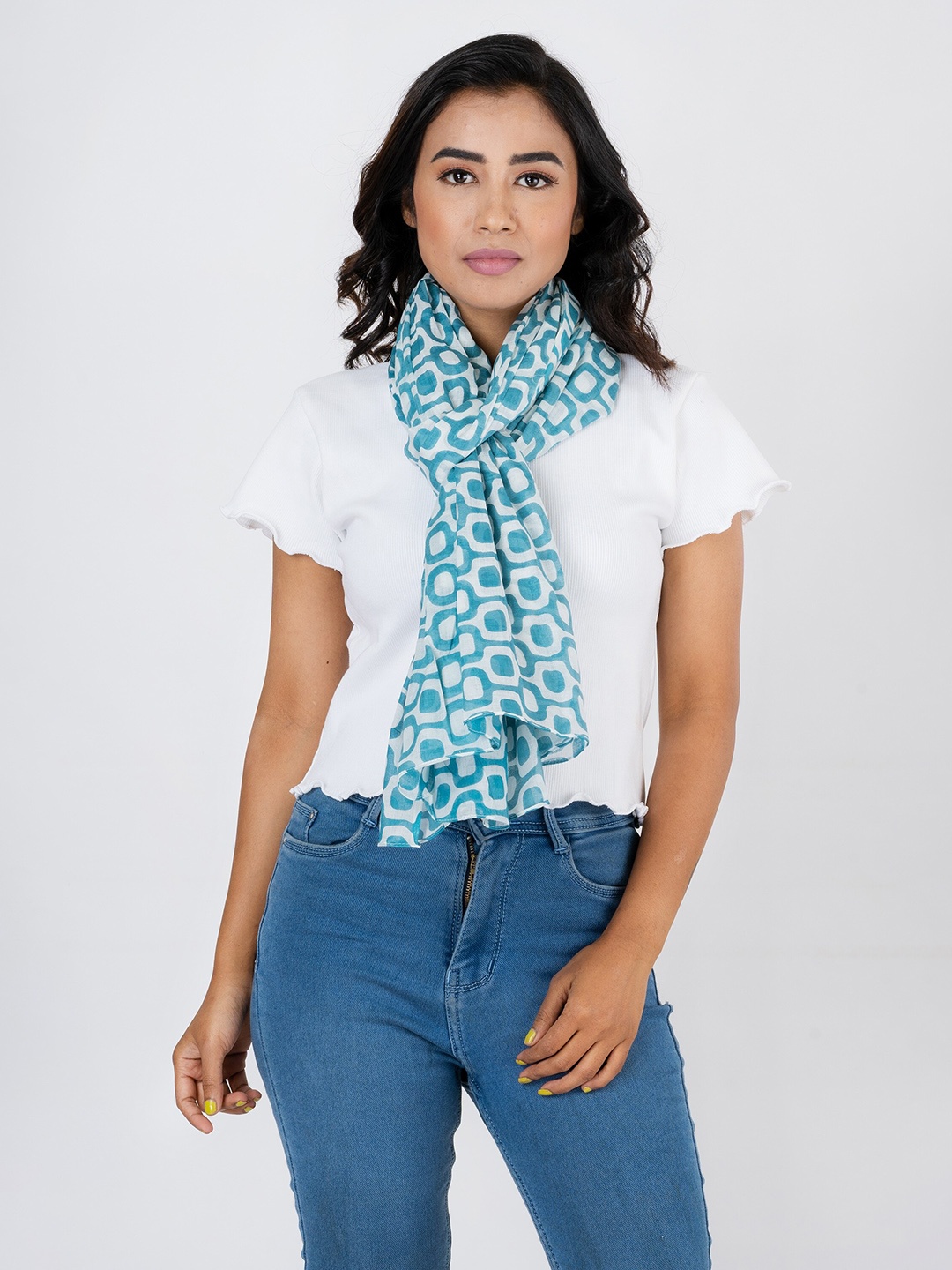 

AQVA Women Printed Cotton Scarf, Turquoise blue