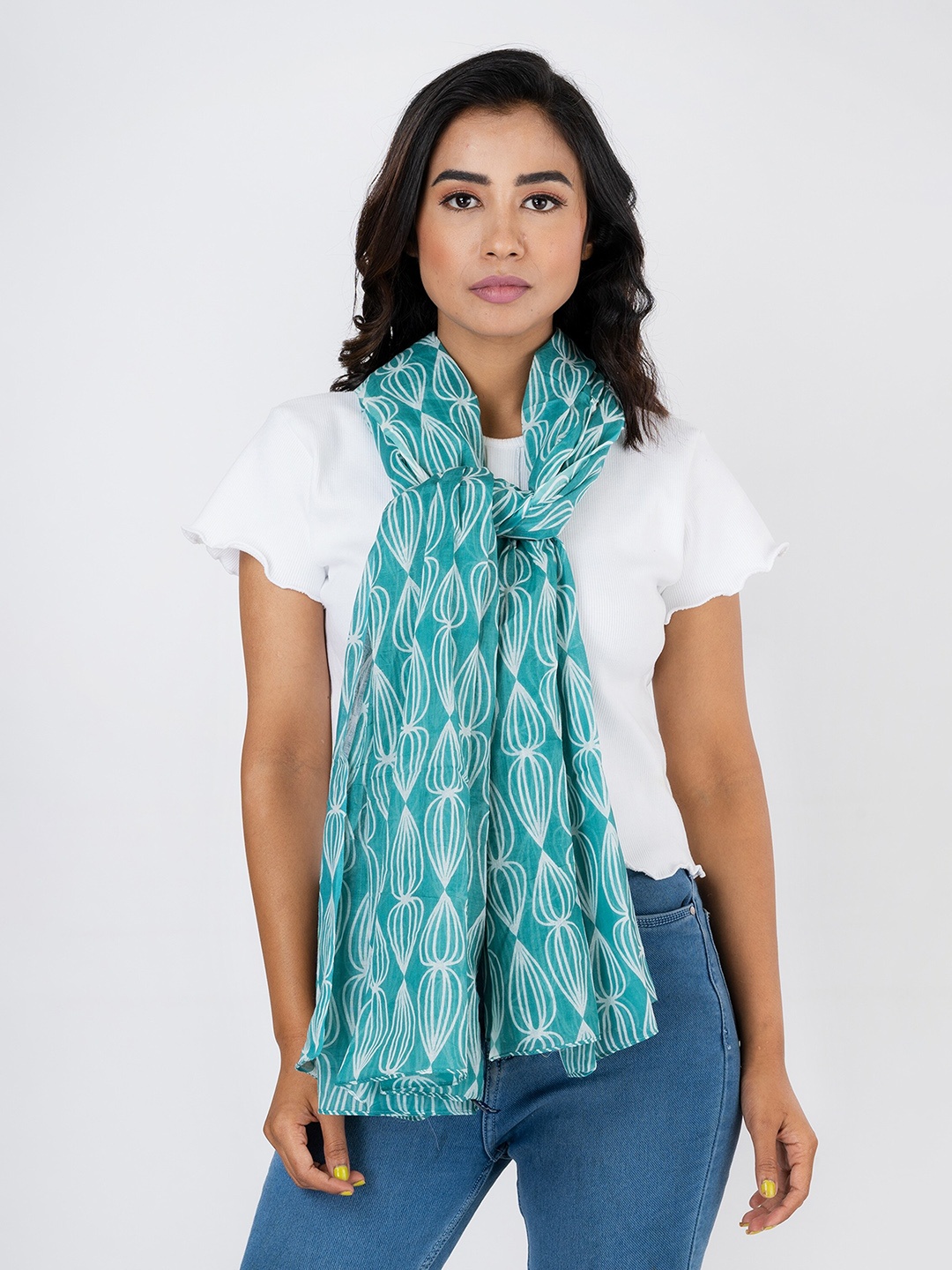 

AQVA Women Printed Cotton Scarf, Turquoise blue