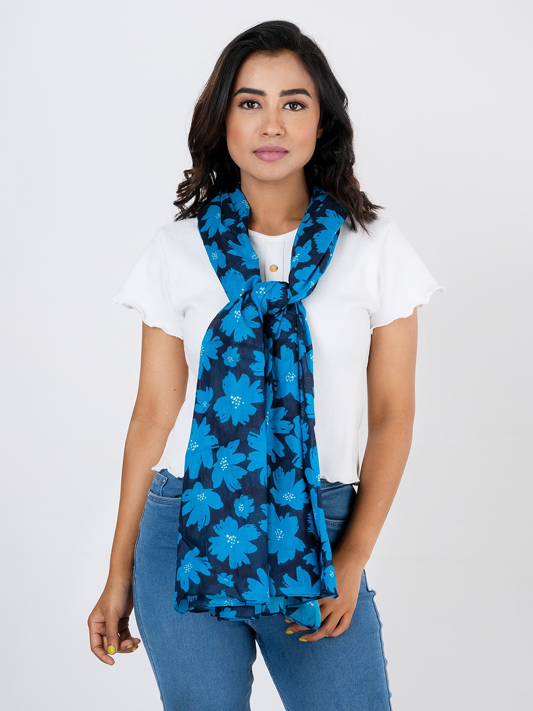 

AQVA Women Printed Cotton Scarf, Turquoise blue