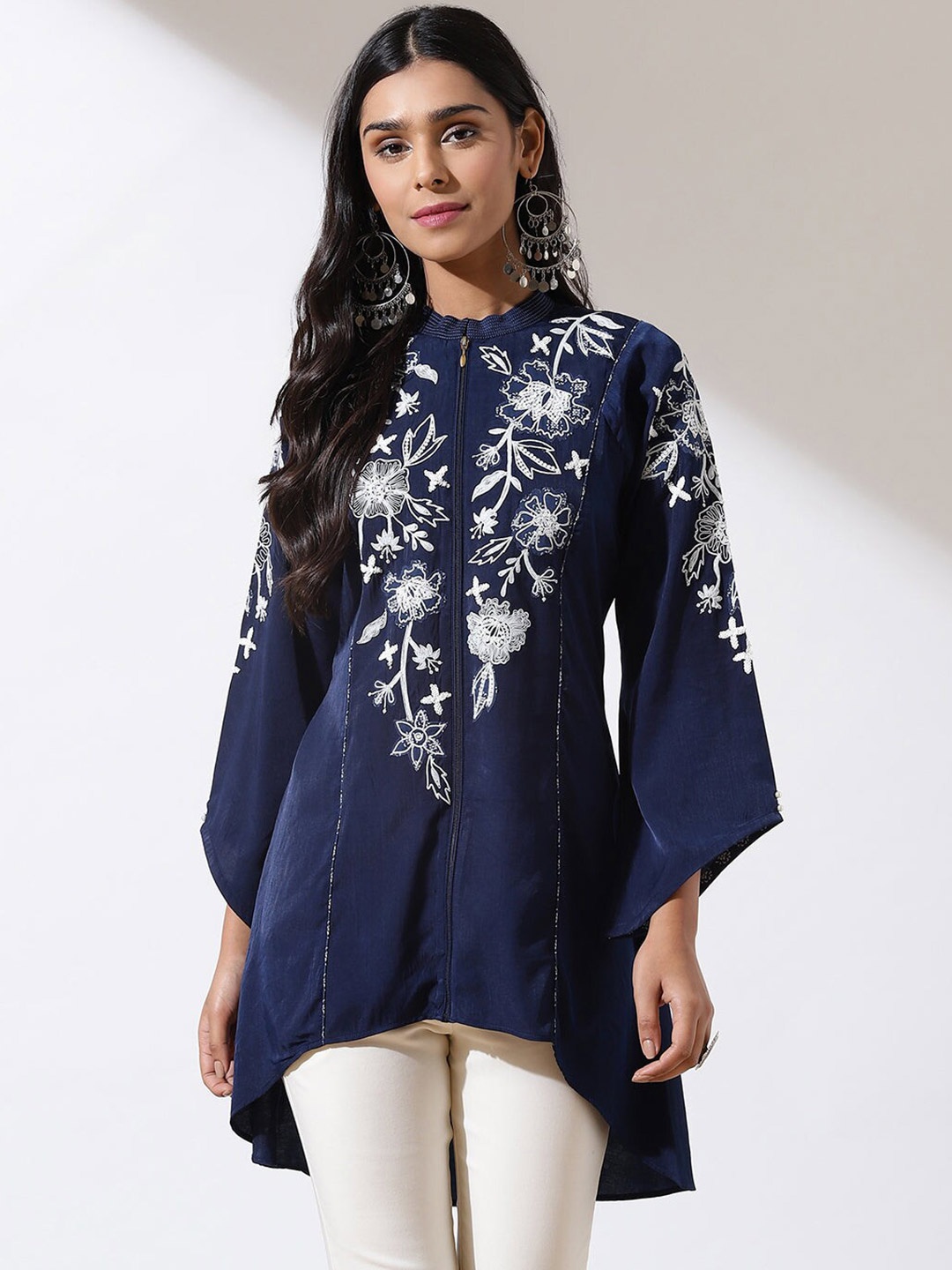 

Lakshita Floral Embroidered Viscose Rayon Flared Sleeves Tunic, Navy blue