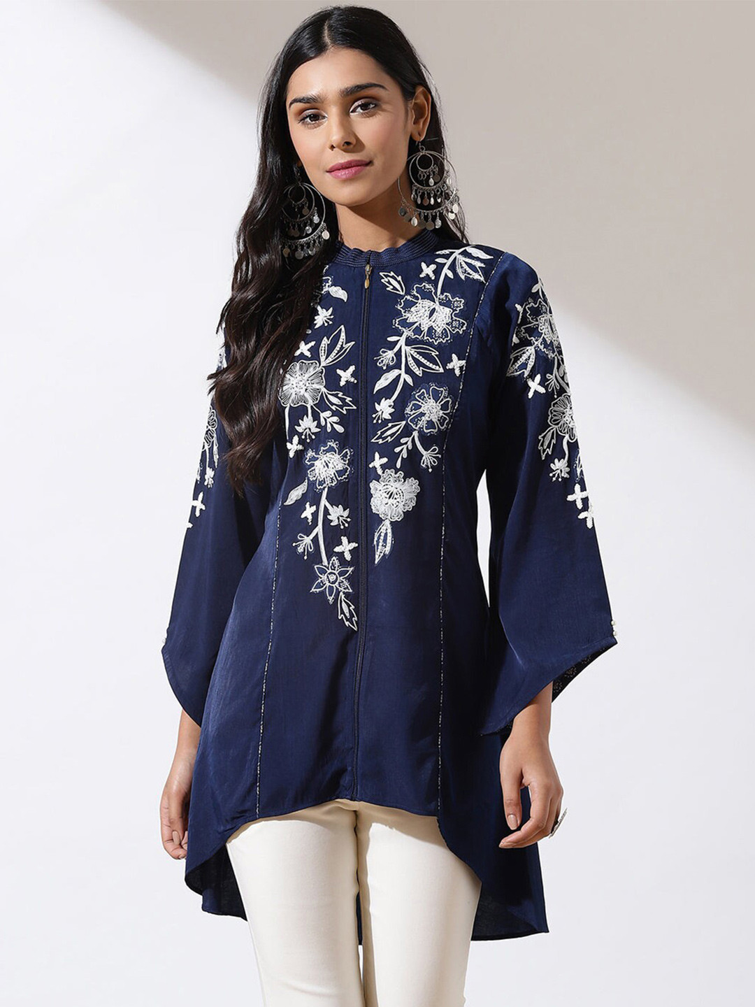 

Lakshita Floral Embroidered High-Low Tunic, Navy blue