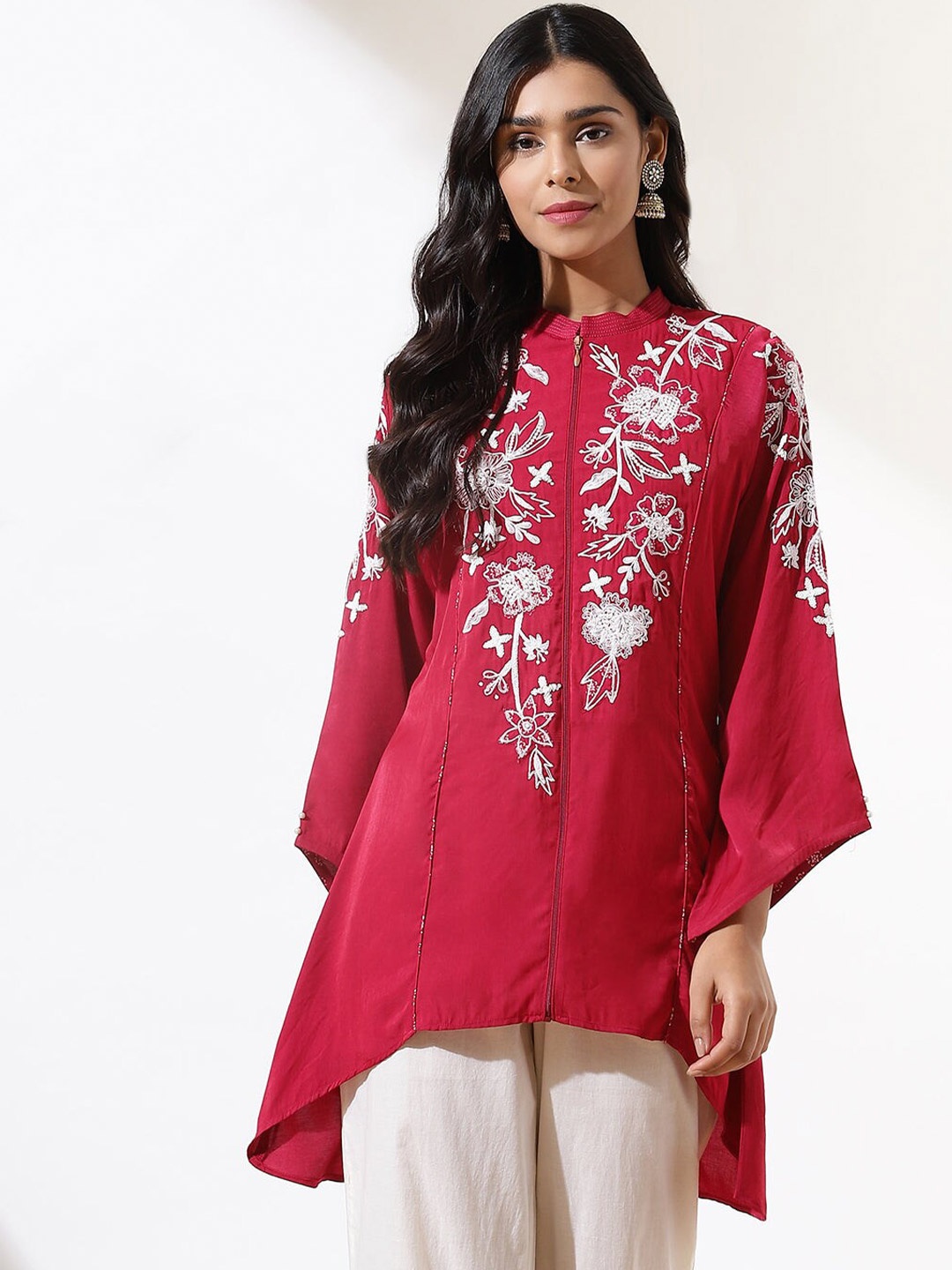 

Lakshita Floral Embroidered Viscose Rayon Flared Sleeves Tunic, Pink