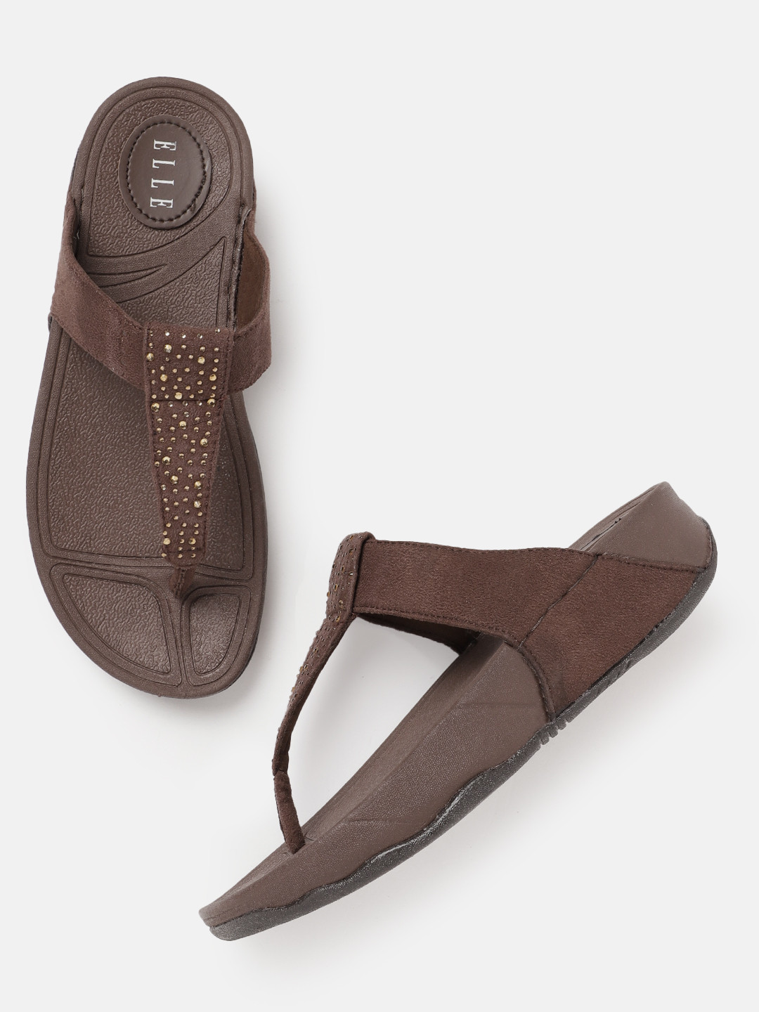

ELLE Women Embellished T-Strap Comfort Heels, Coffee brown