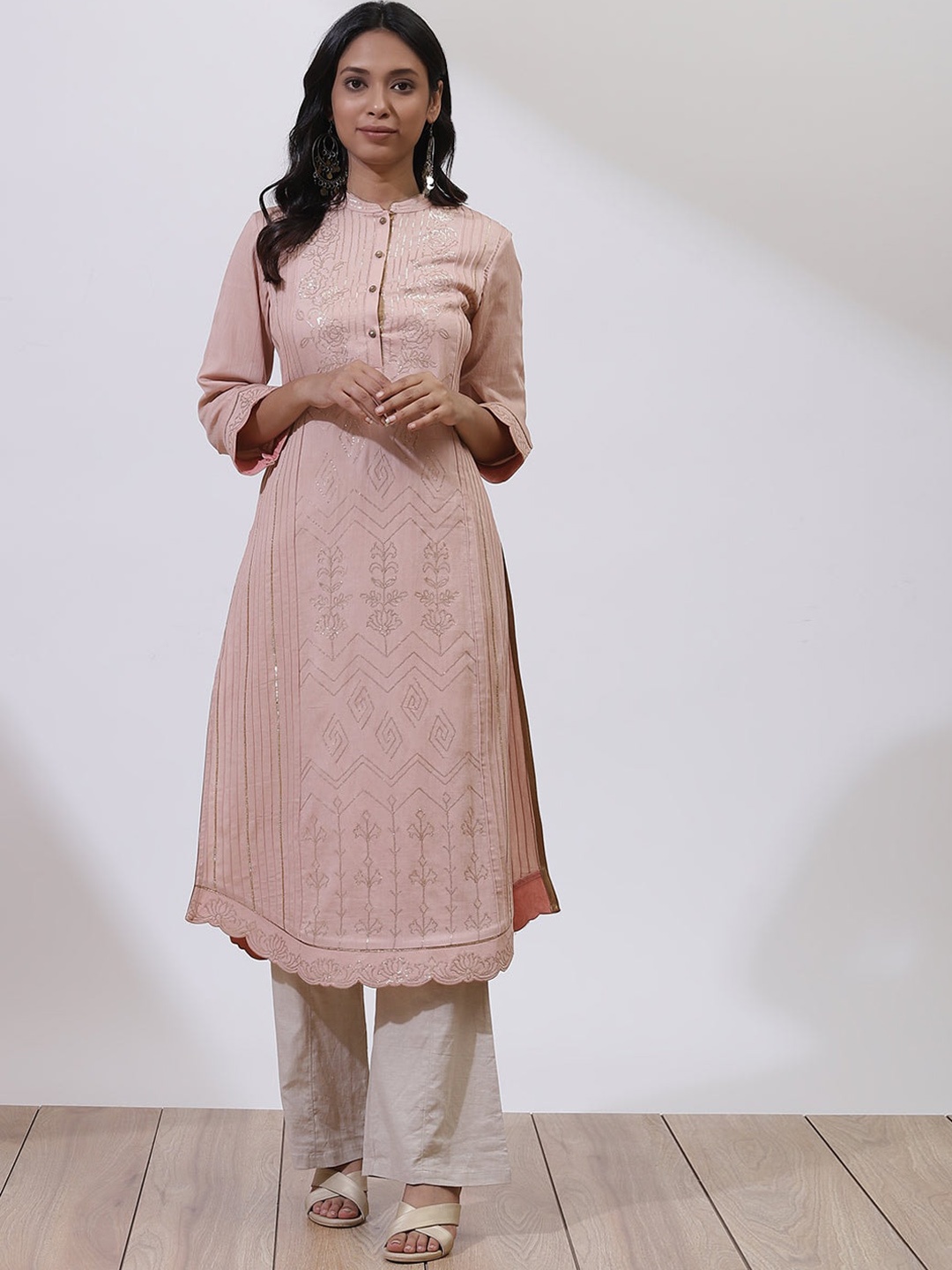 

Lakshita Sequined Embellished Mandarin Collar Panelled A-Line Pure Cotton Kurta, Pink