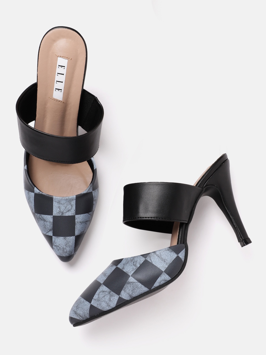 

ELLE Women Checked Stiletto Heeled Mules, Black