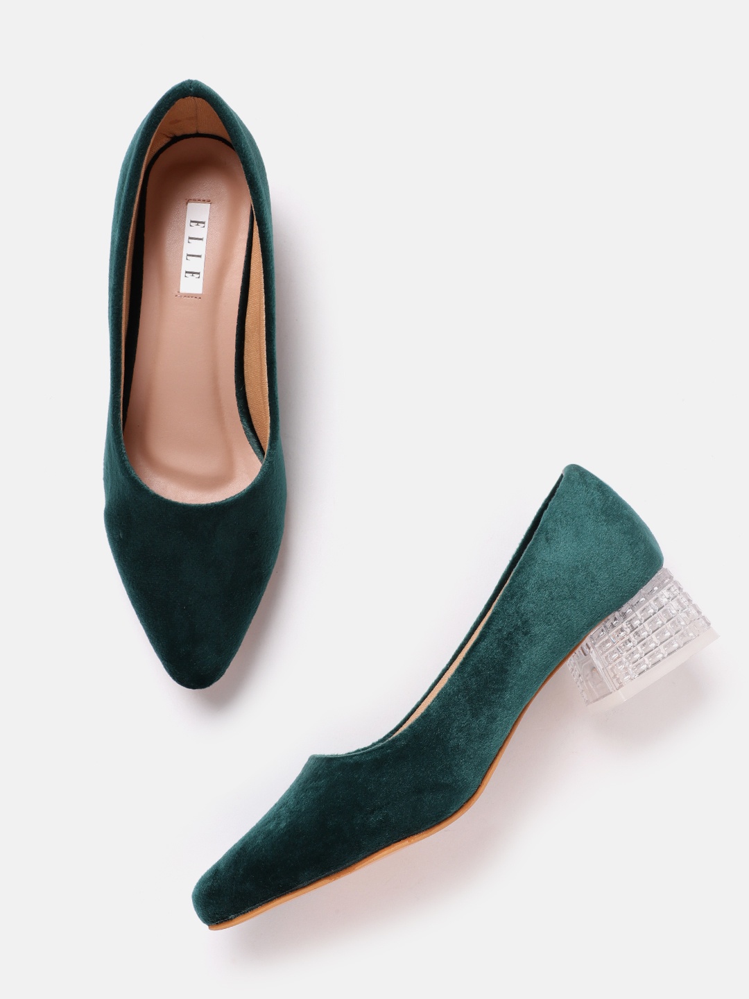 

ELLE Women Velvet Finish Block Pumps, Green