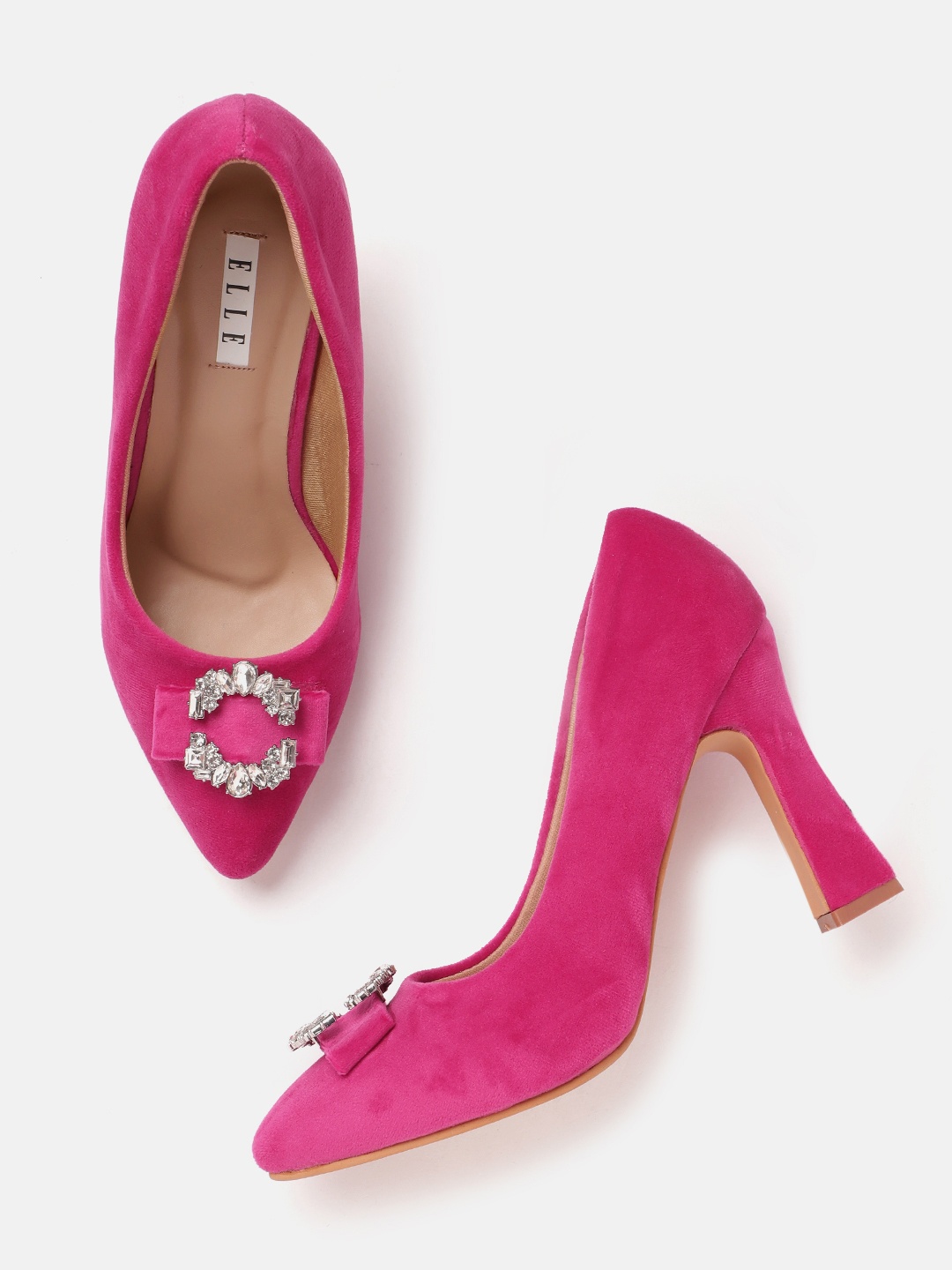 

ELLE Women Embellished Detail Velvet Finish Party Block Heel Pumps, Fuchsia