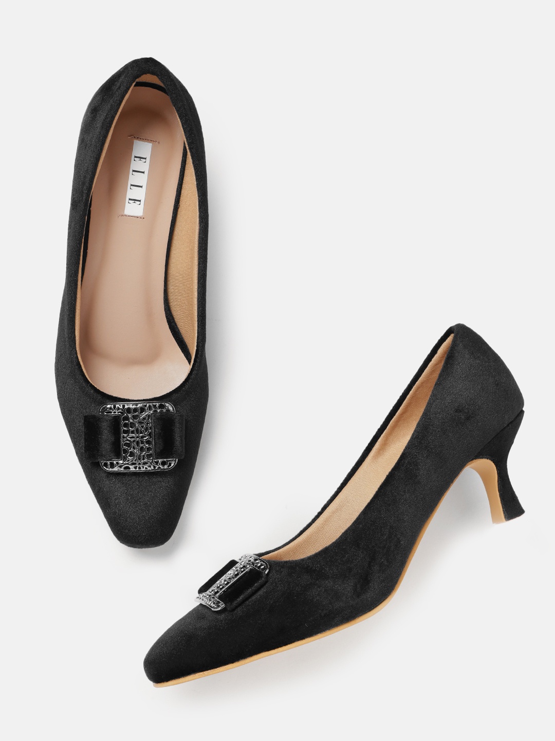 

ELLE Women Buckle Detail Velvet Finish Slim Heel Pumps, Black