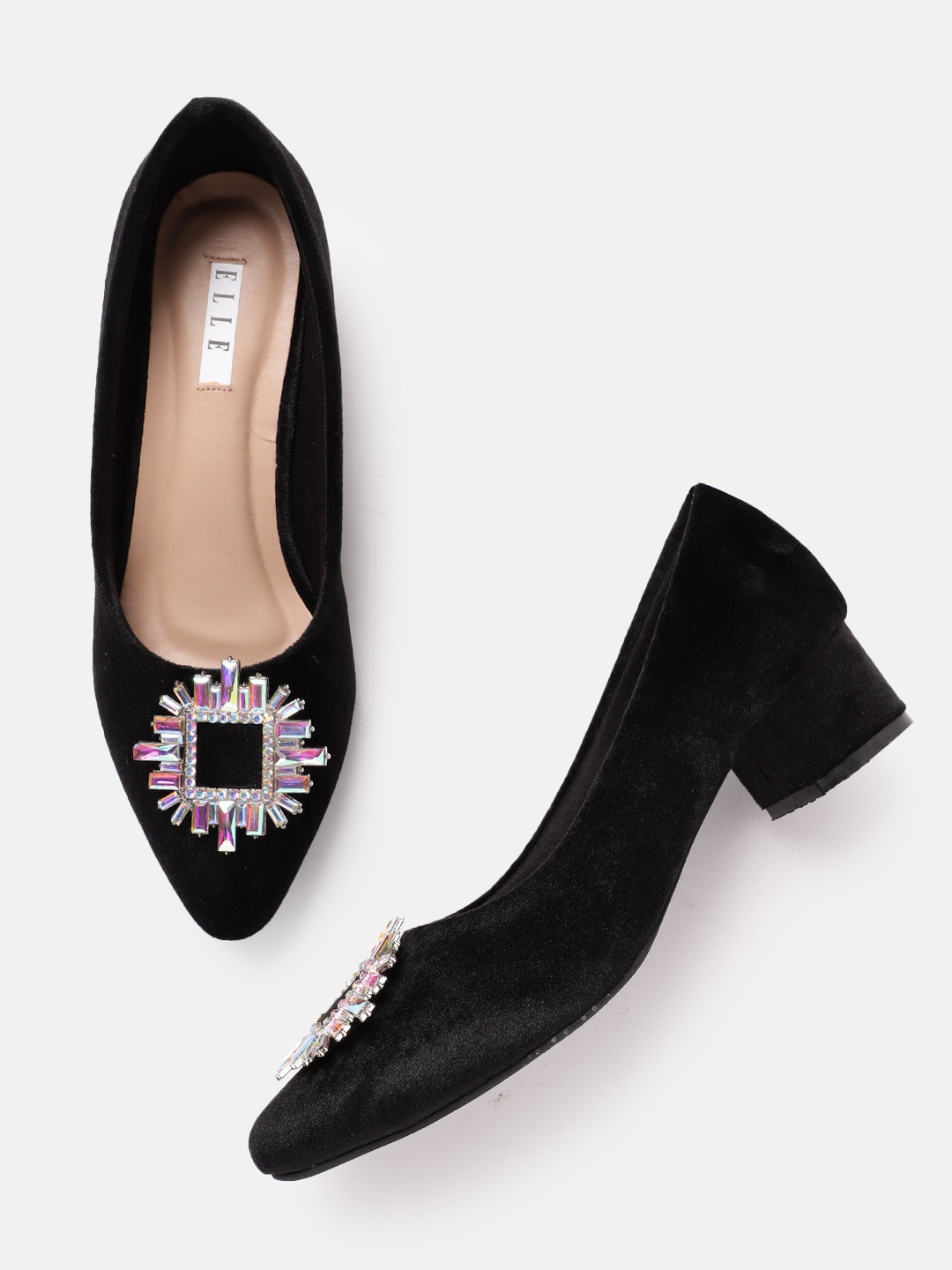 

ELLE Women Embellished Detail Velvet Finish Block Heel Pumps, Black