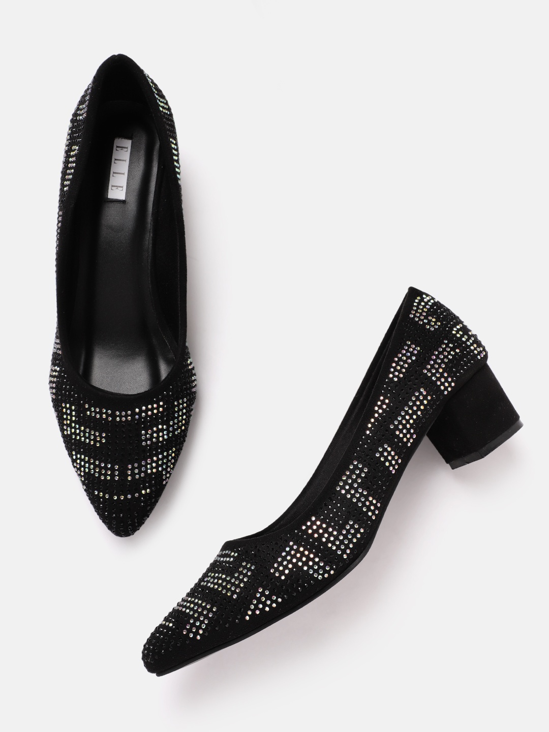 

ELLE Women Embellished Velvet Finish Party Block Heel Pumps, Black