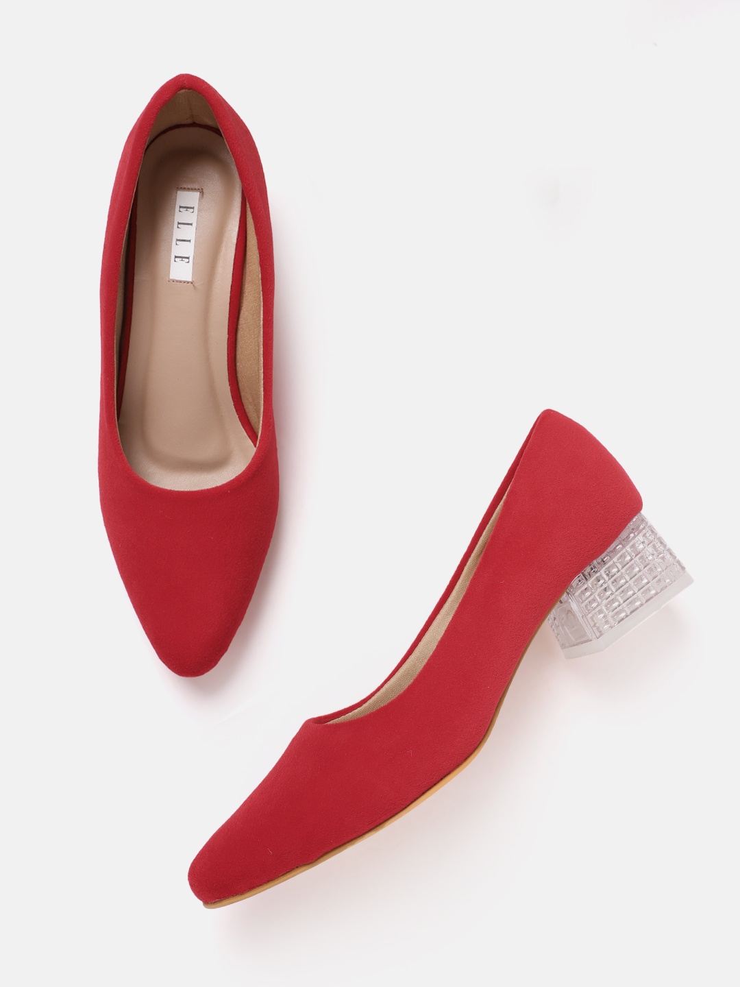 

ELLE Women Velvet Finish Block Heel Pumps, Red