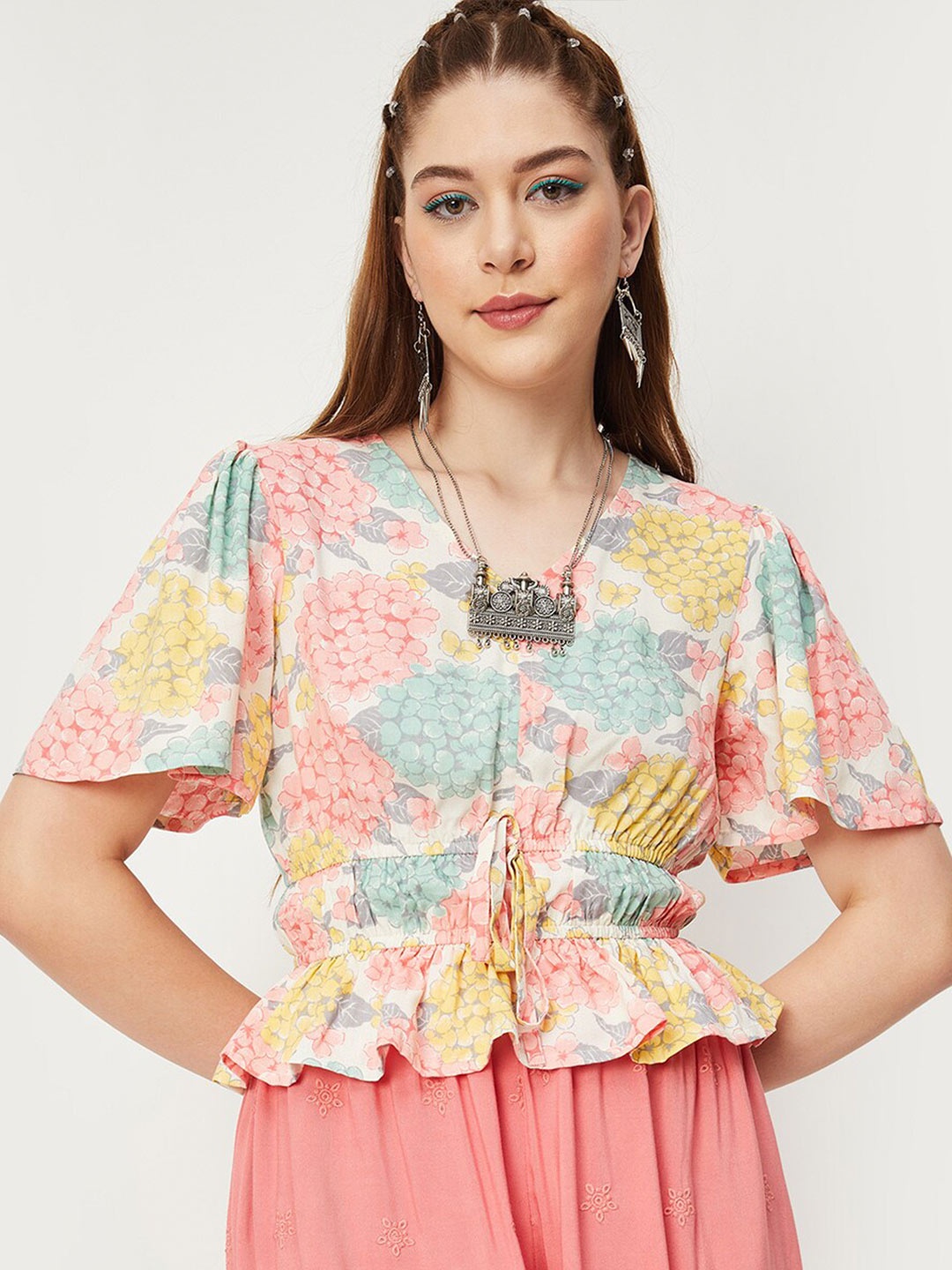 

max Floral Printed Flared Sleeves Cinched Waist Casual Top, Multi